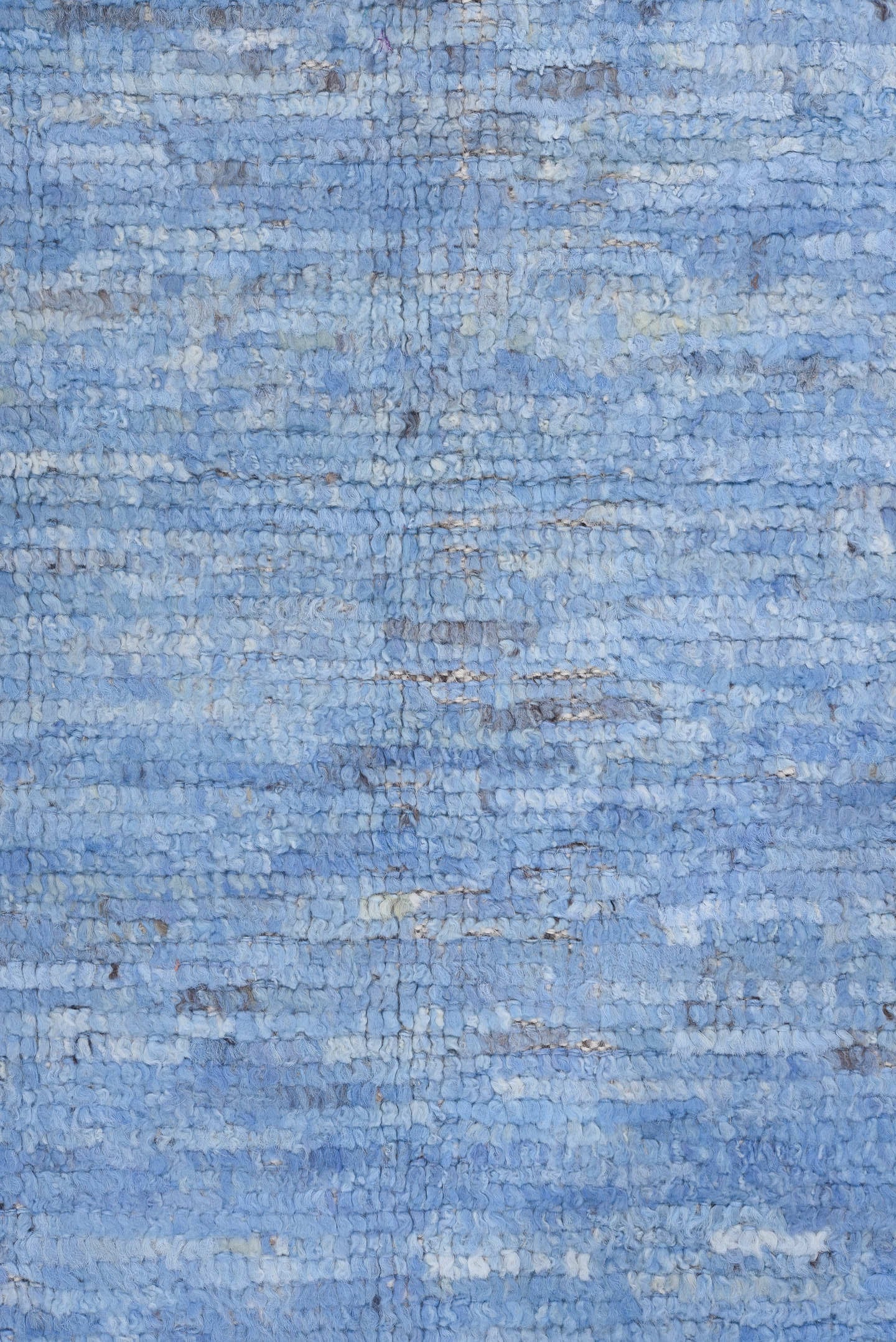 9' x 12' one-of-a-kind handmade vintage Tulu large size rug. Color palette: sky blue, ivory, slate, taupe, light blue, gray
