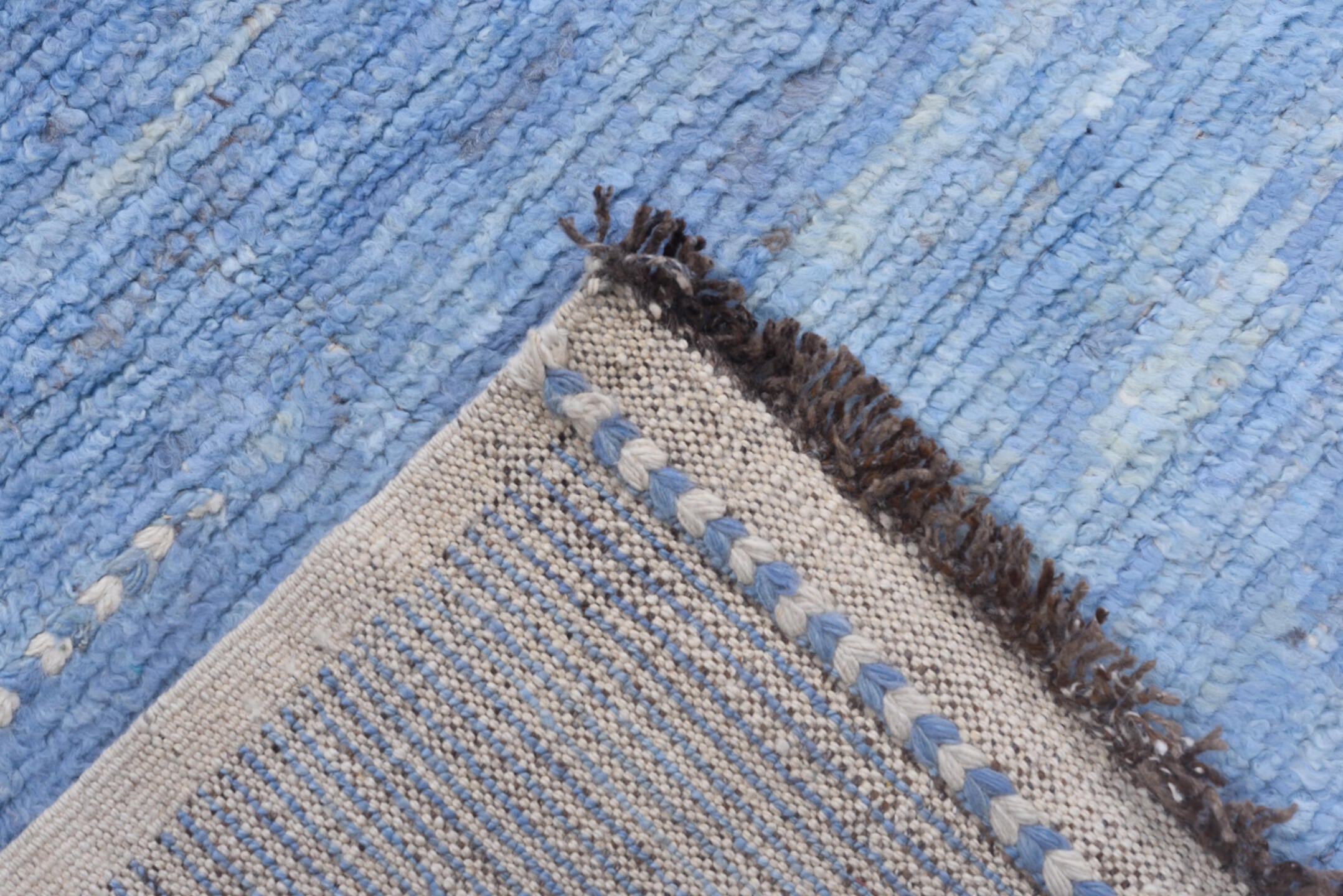 9' x 12' one-of-a-kind handmade vintage Tulu large size rug. Color palette: sky blue, ivory, slate, taupe, light blue, gray