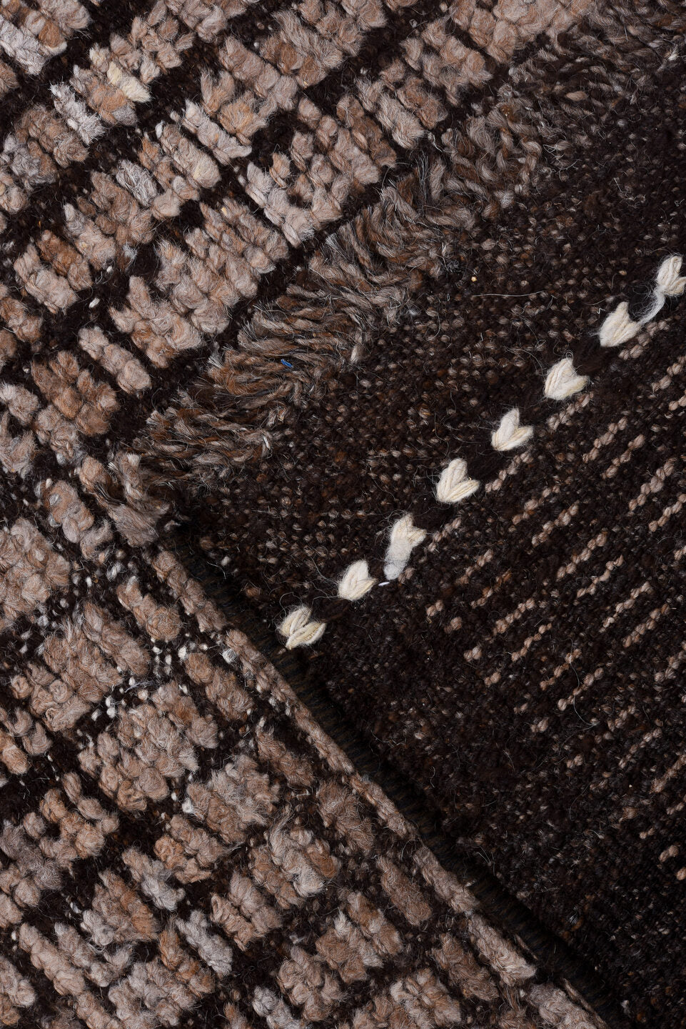 8' x 9' one-of-a-kind handmade vintage Tulu rug. Color palette: taupe, brown, charcoal, ivory, beige, gray, black