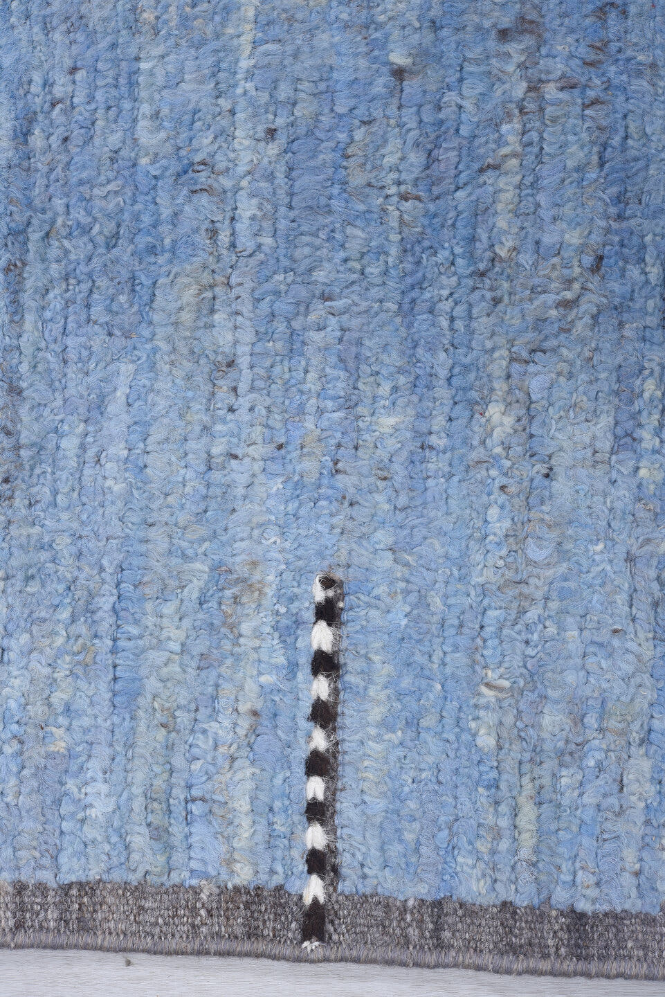 8' x 9' one-of-a-kind handmade vintage Tulu rug. Color palette: sky blue, taupe, ivory, slate, charcoal, light blue, beige
