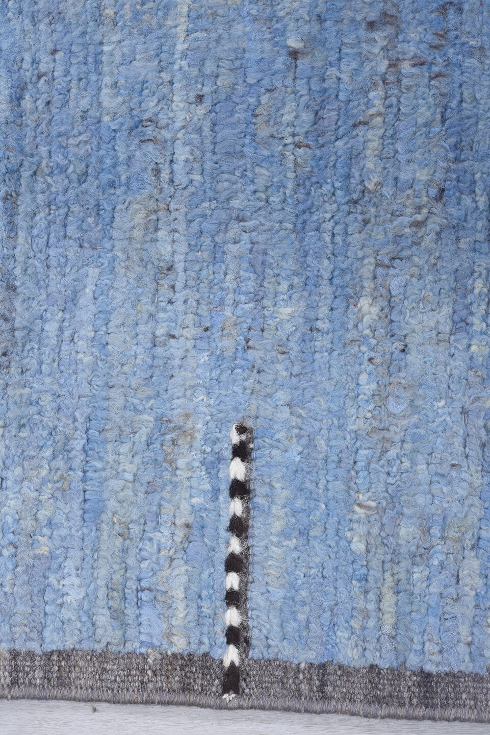 8' x 9' one-of-a-kind handmade vintage Tulu rug. Color palette: sky blue, taupe, ivory, slate, charcoal, light blue, beige