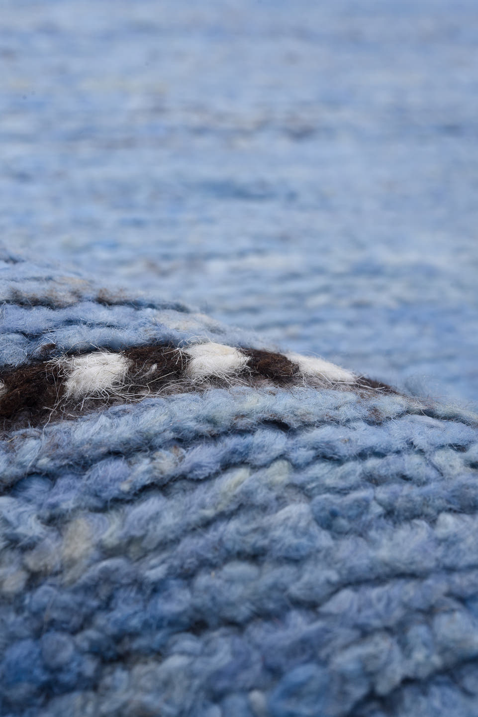 8' x 9' one-of-a-kind handmade vintage Tulu rug. Color palette: sky blue, taupe, ivory, slate, charcoal, light blue, beige