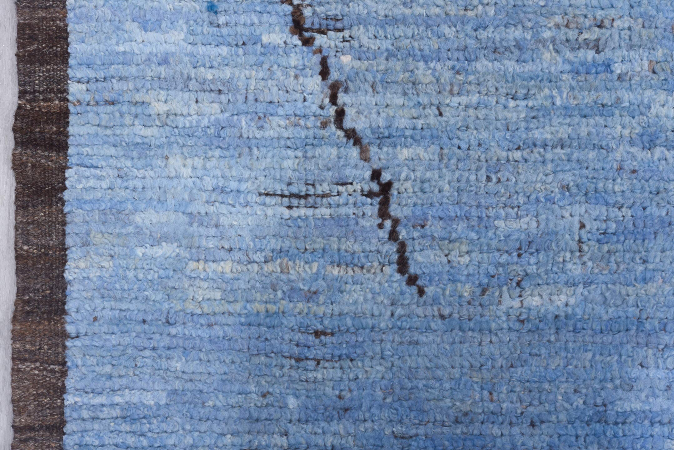 10' x 13' one-of-a-kind handmade vintage Tulu large size rug. Color palette: sky blue, brown, taupe, ivory, light blue