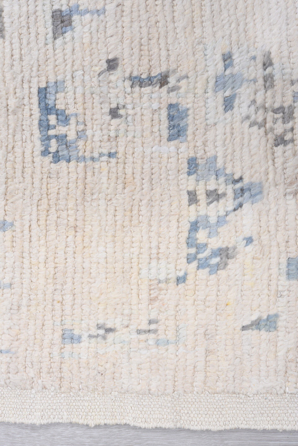8' x 9' one-of-a-kind handmade vintage Tulu rug. Color palette: ivory, pale blue, light gray, cream, taupe, light blue