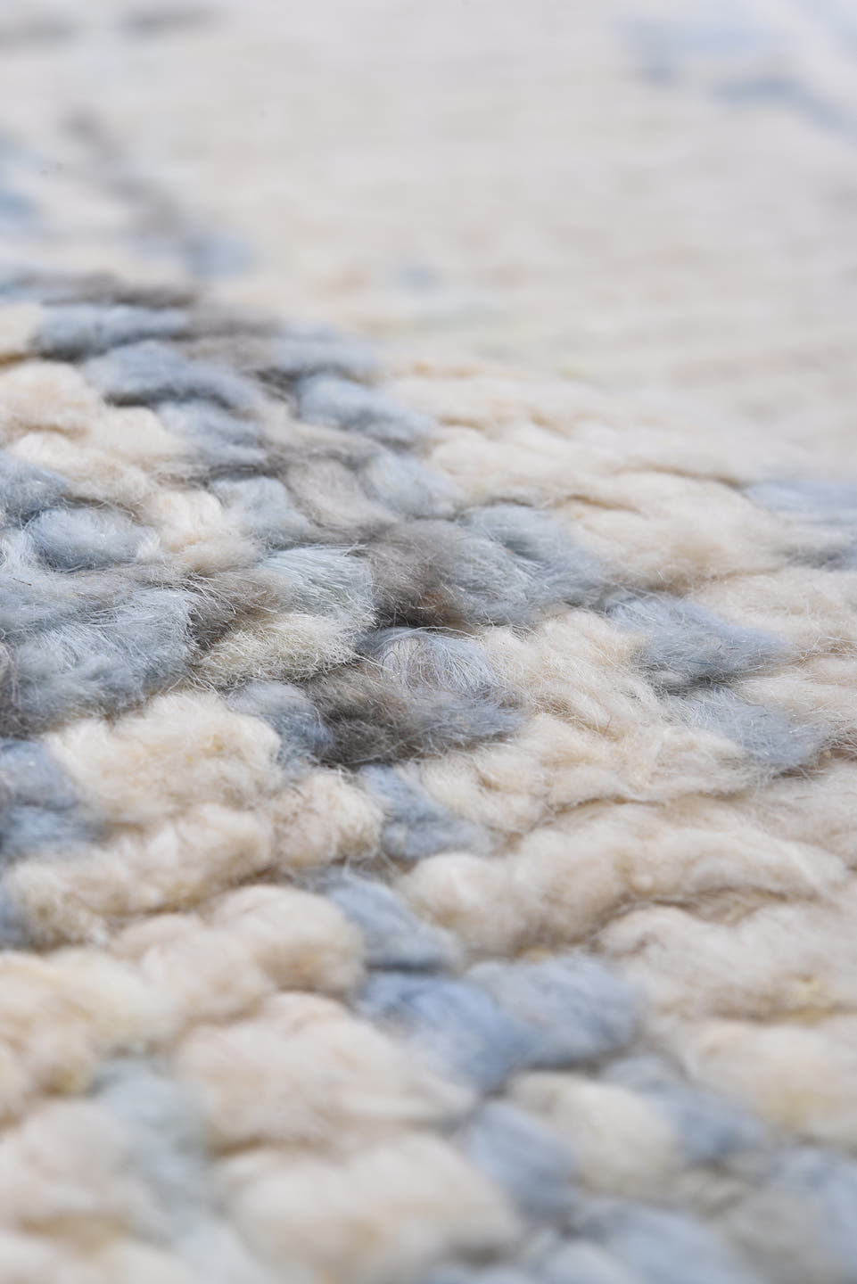 8' x 9' one-of-a-kind handmade vintage Tulu rug. Color palette: ivory, pale blue, light gray, cream, taupe, light blue
