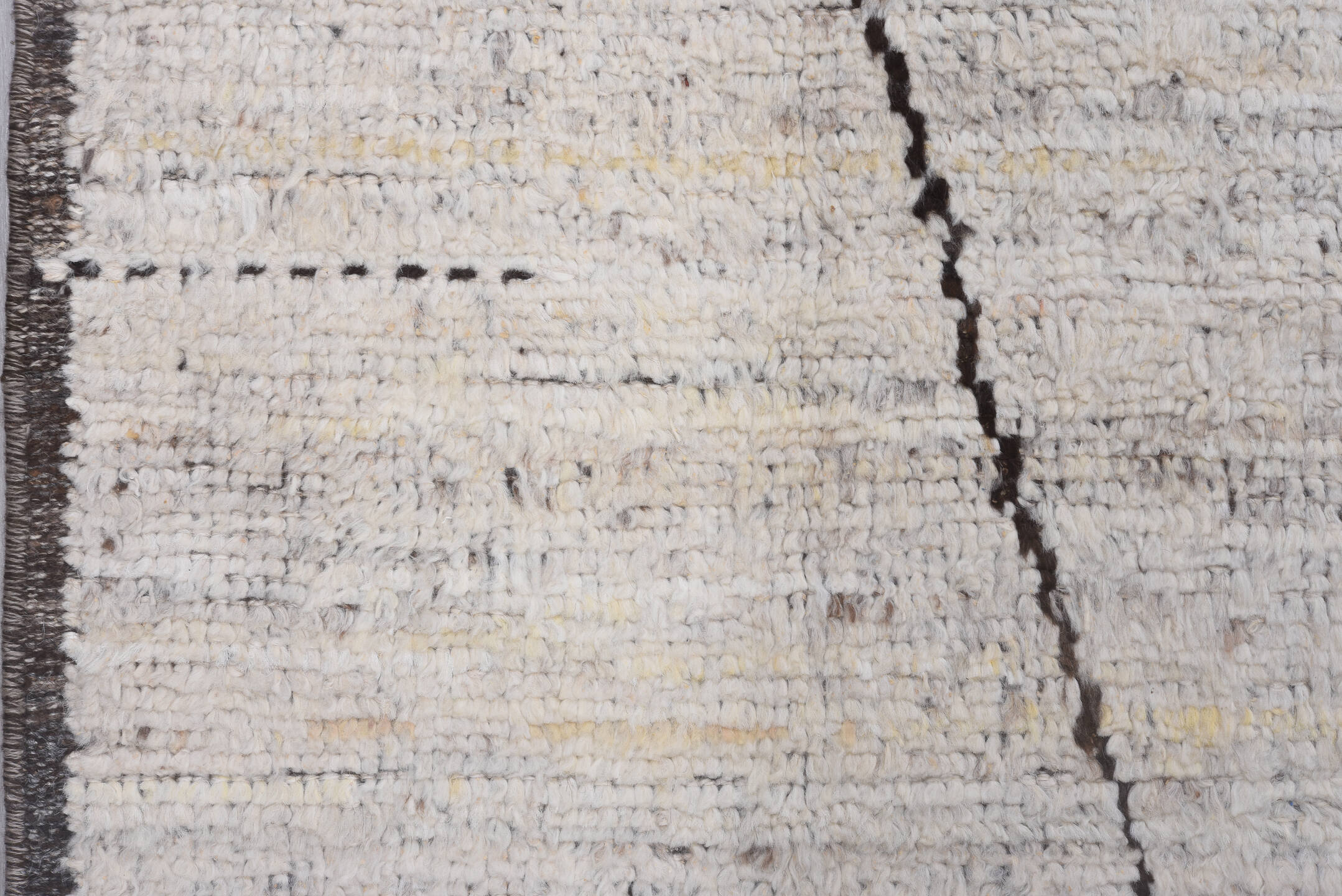 9' x 13' one-of-a-kind handmade vintage Tulu large size rug. Color palette: ivory, brown, taupe, charcoal, cream, beige