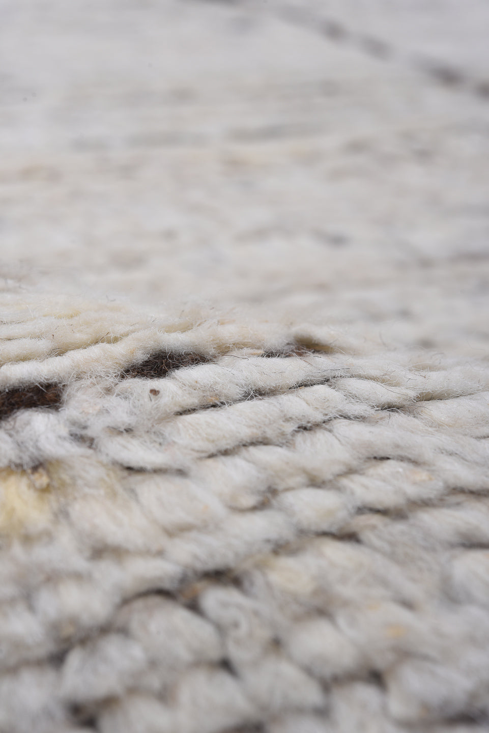 9' x 13' one-of-a-kind handmade vintage Tulu large size rug. Color palette: ivory, brown, taupe, charcoal, cream, beige