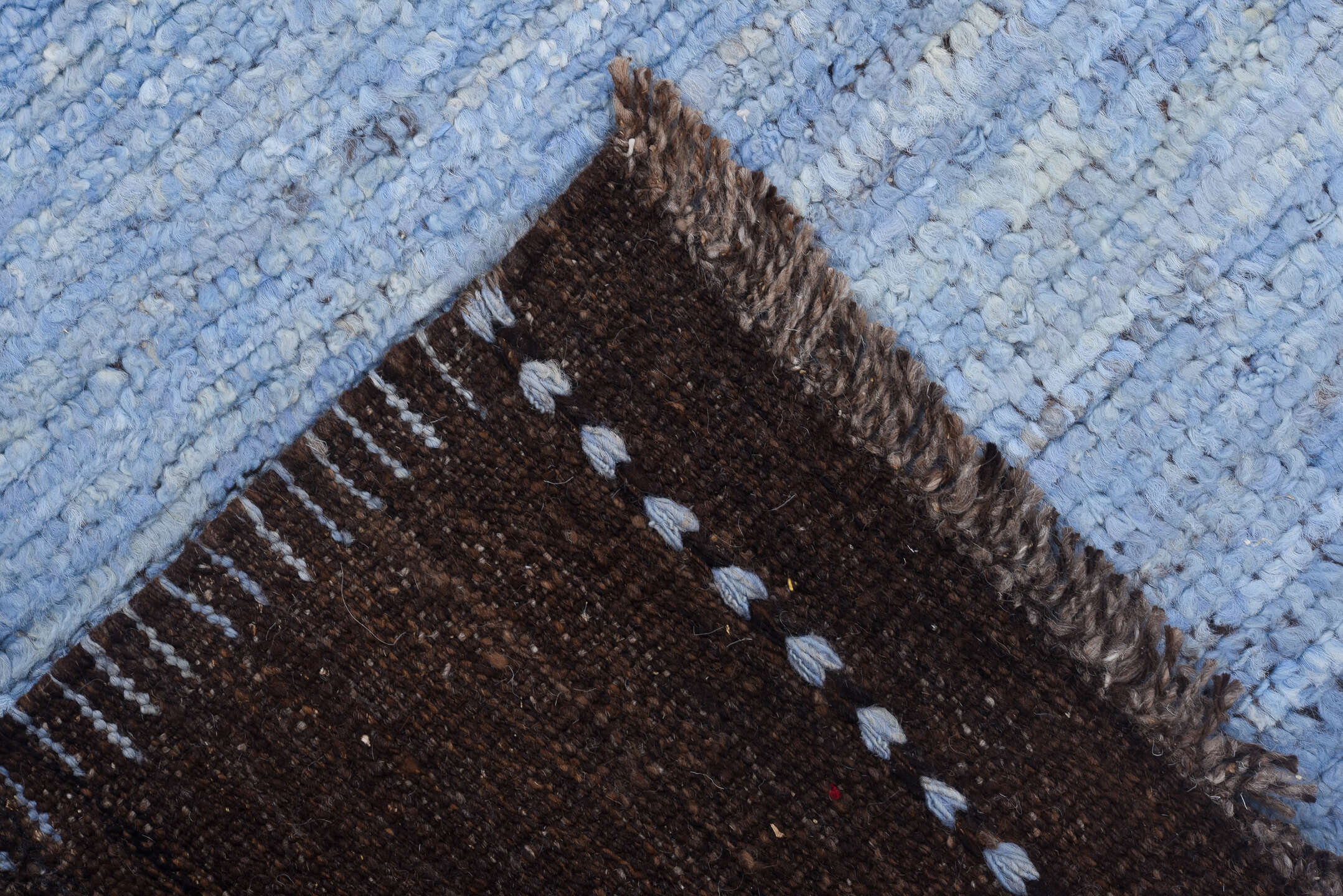 8' x 10' one-of-a-kind handmade vintage Tulu large size rug. Color palette: blue, brown, fiord, gray, light blue, light gray