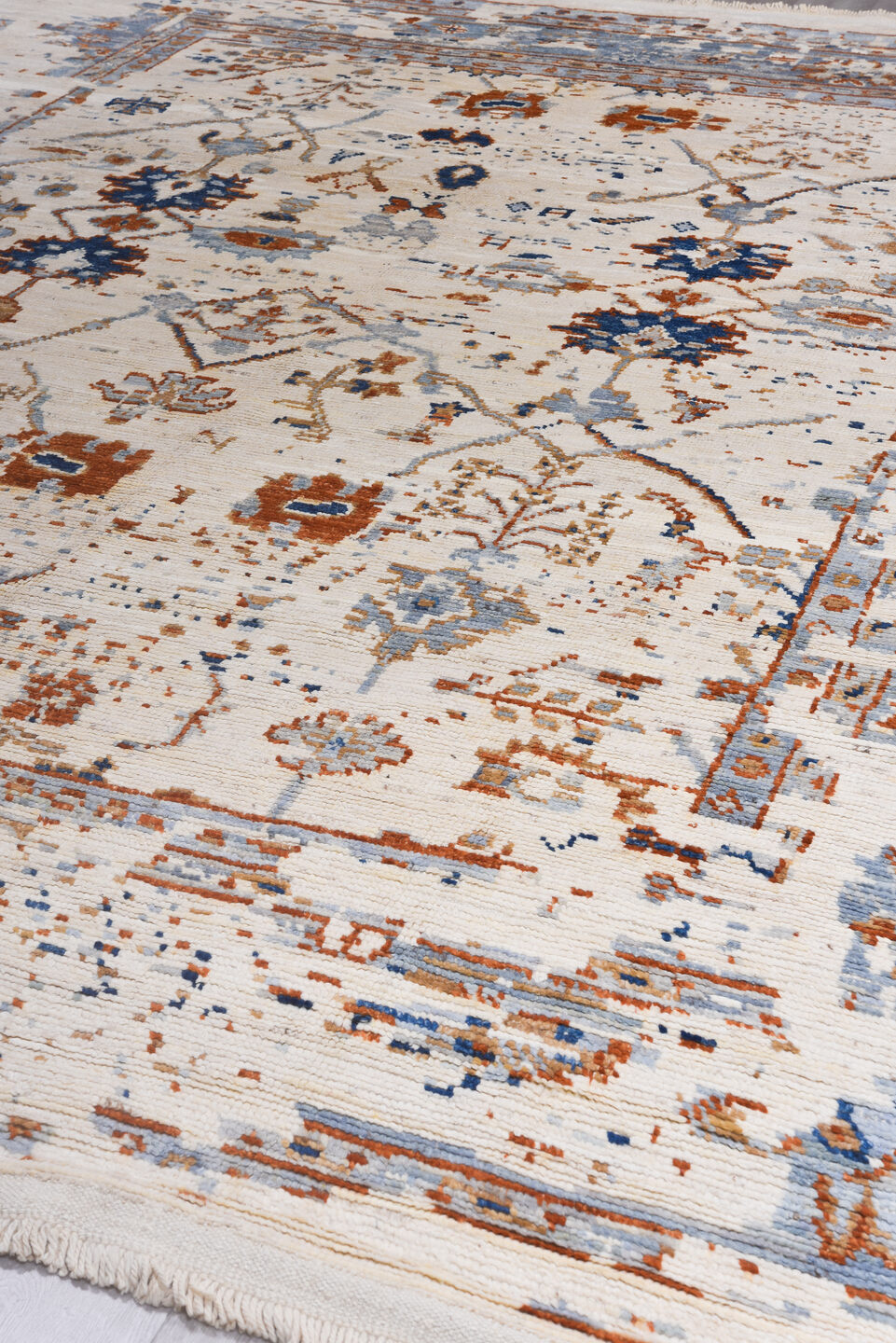 10' x 13' one-of-a-kind handmade vintage Tulu large size rug. Color palette: ivory, powder_blue, rust, camel, taupe, cobalt