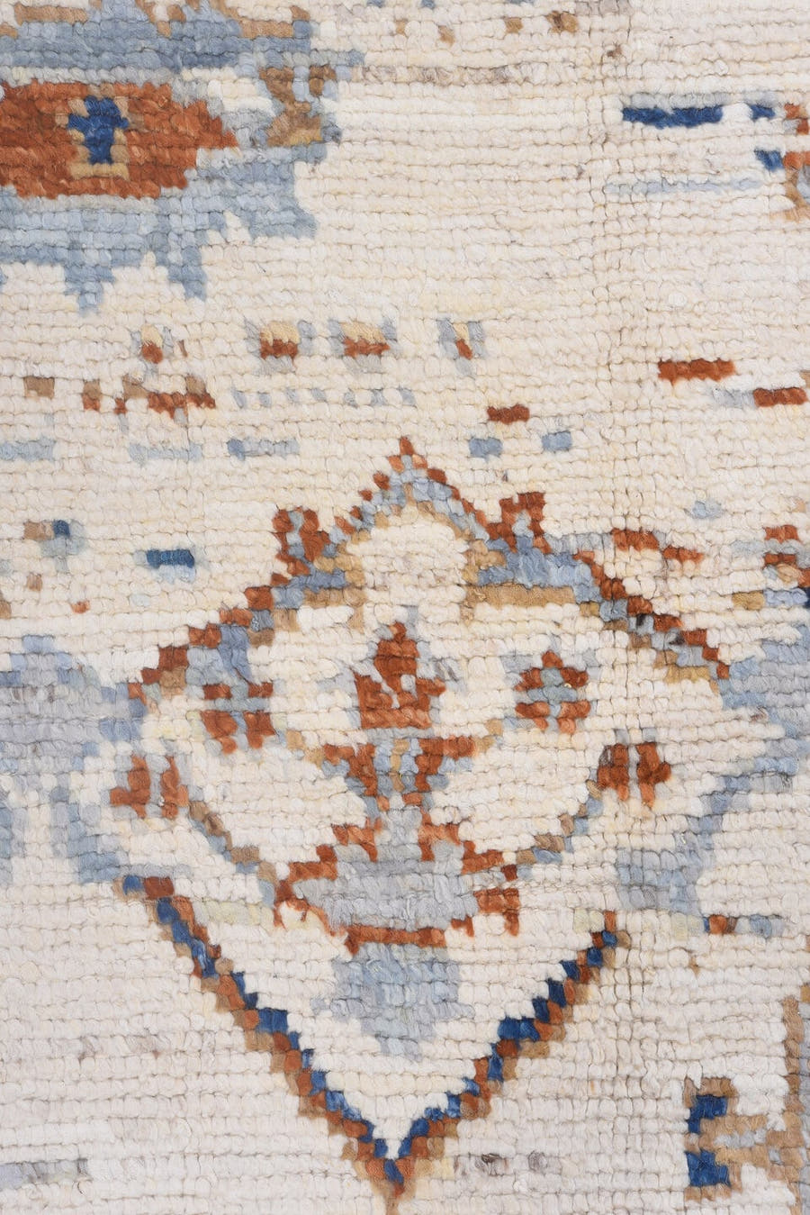 10' x 13' one-of-a-kind handmade vintage Tulu large size rug. Color palette: ivory, powder_blue, rust, camel, taupe, cobalt