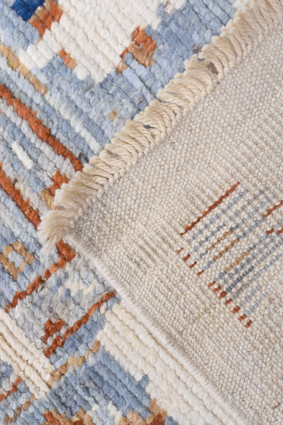 10' x 13' one-of-a-kind handmade vintage Tulu large size rug. Color palette: ivory, powder_blue, rust, camel, taupe, cobalt