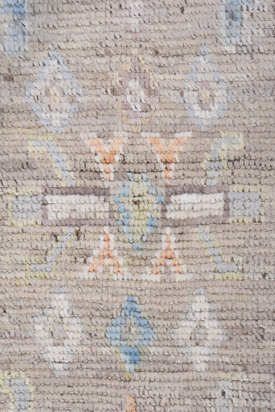 8' x 9' one-of-a-kind handmade vintage Tulu rug. Color palette: taupe, ivory, pale blue, beige, gold, blush, gray, camel