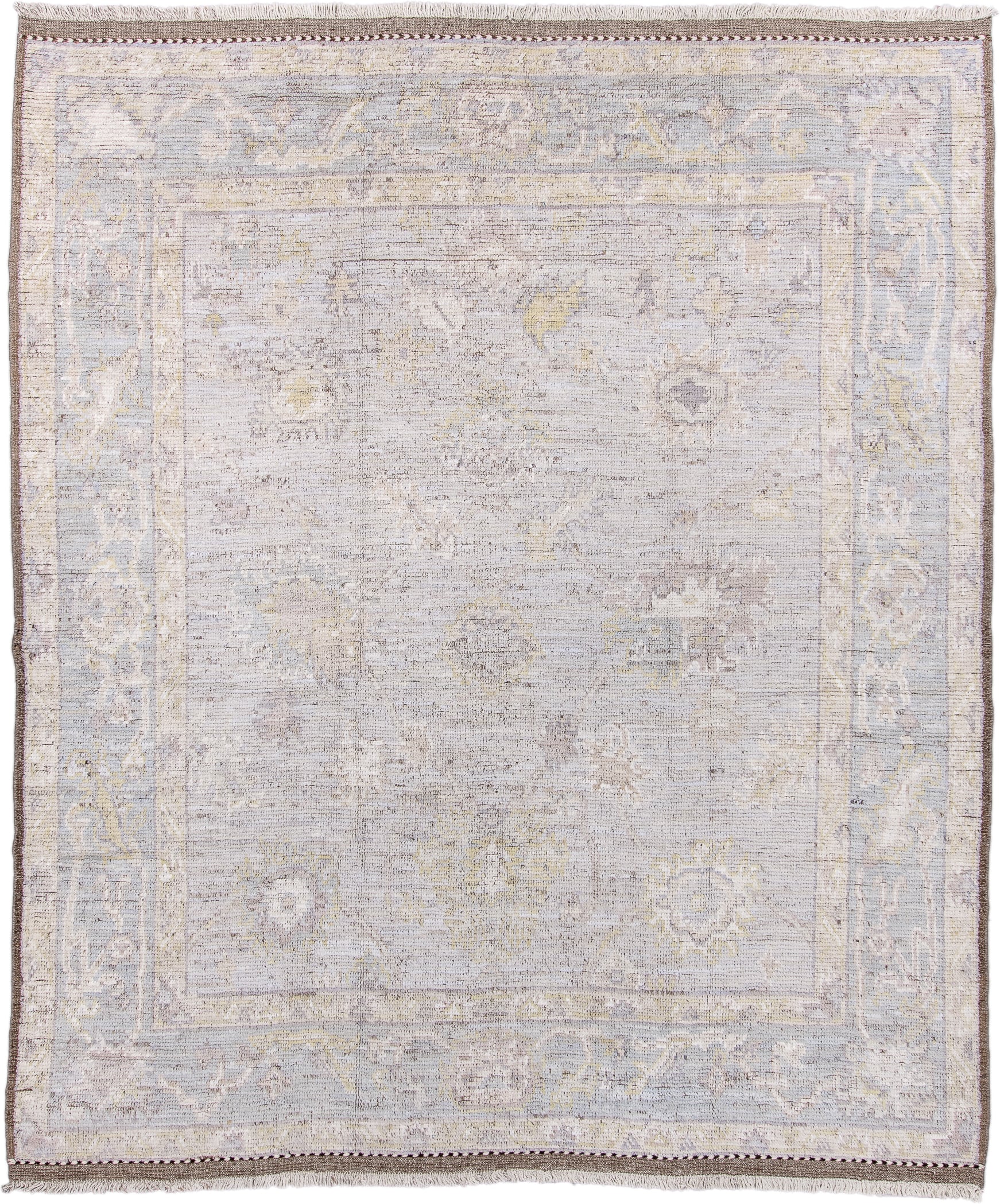 8' x 10' one-of-a-kind handmade vintage Tulu large size rug. Color palette: ivory, taupe, pale blue, cream, gold, beige