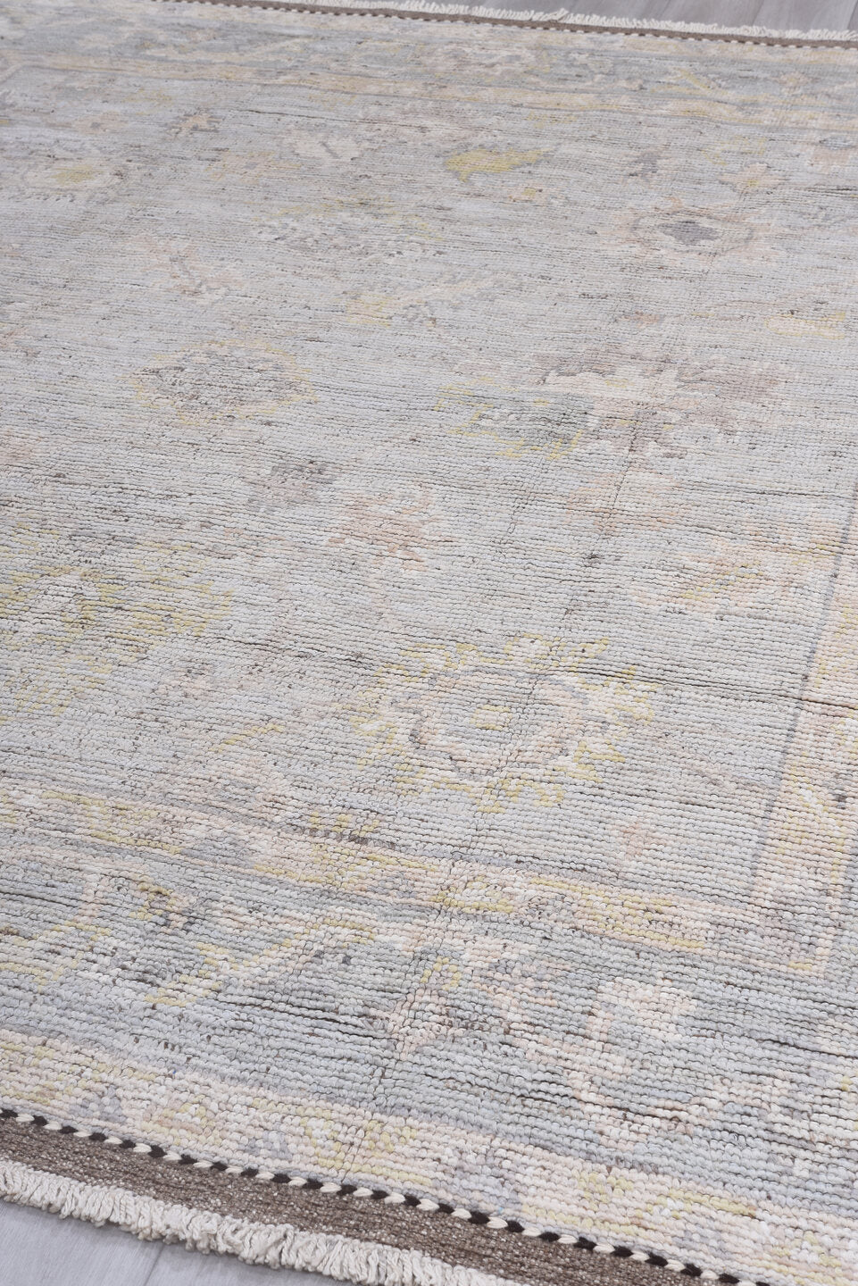 8' x 10' one-of-a-kind handmade vintage Tulu large size rug. Color palette: ivory, taupe, pale blue, cream, gold, beige