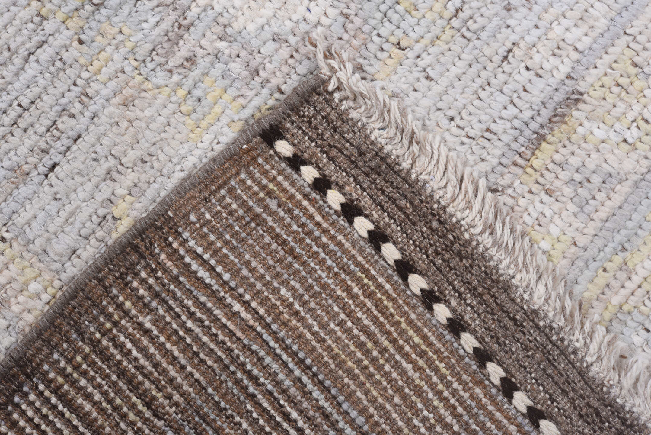 8' x 10' one-of-a-kind handmade vintage Tulu large size rug. Color palette: ivory, taupe, pale blue, cream, gold, beige