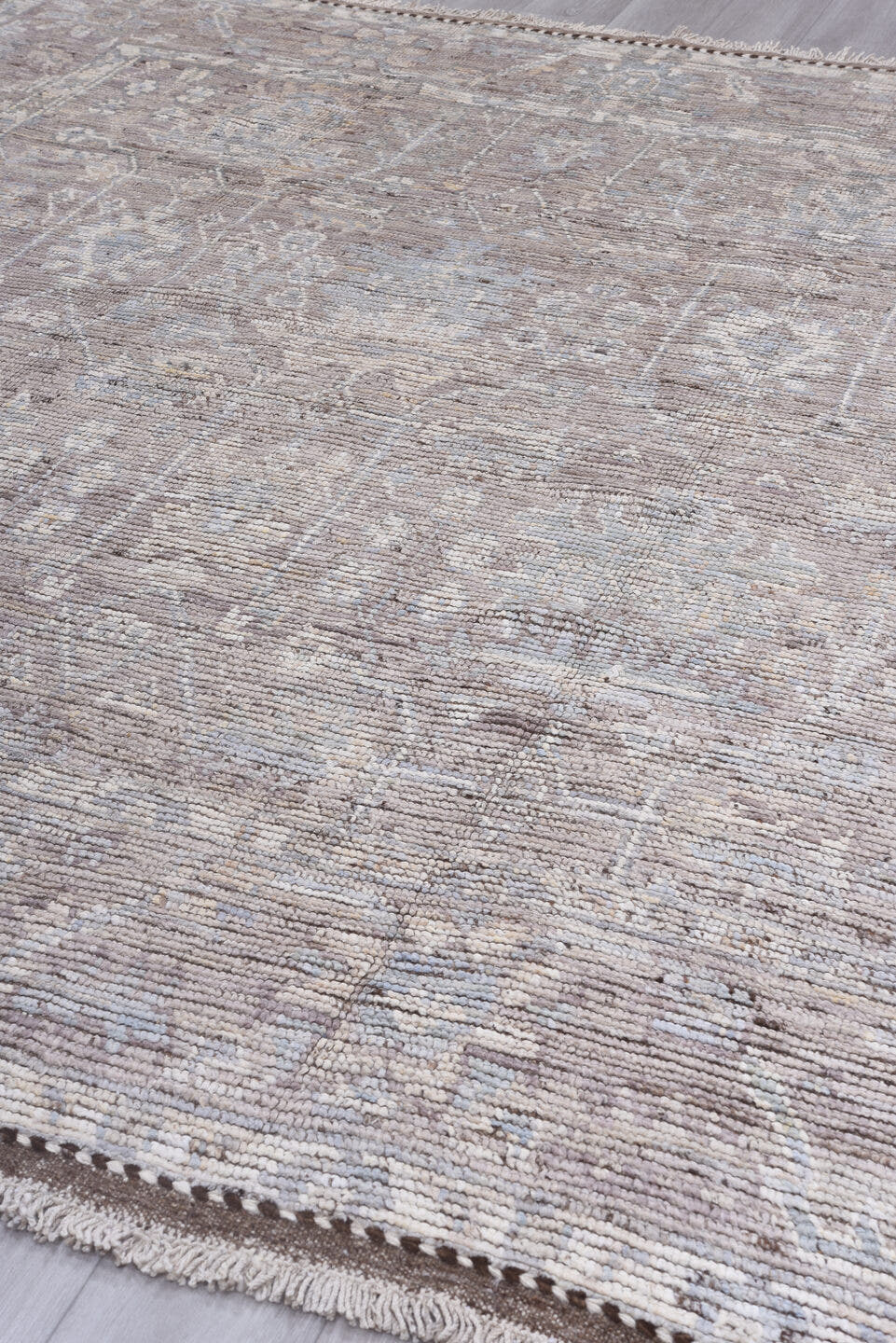 8' x 9' one-of-a-kind handmade vintage Tulu rug. Color palette: taupe, ivory, blush, pale blue, beige, brown, gray, pink
