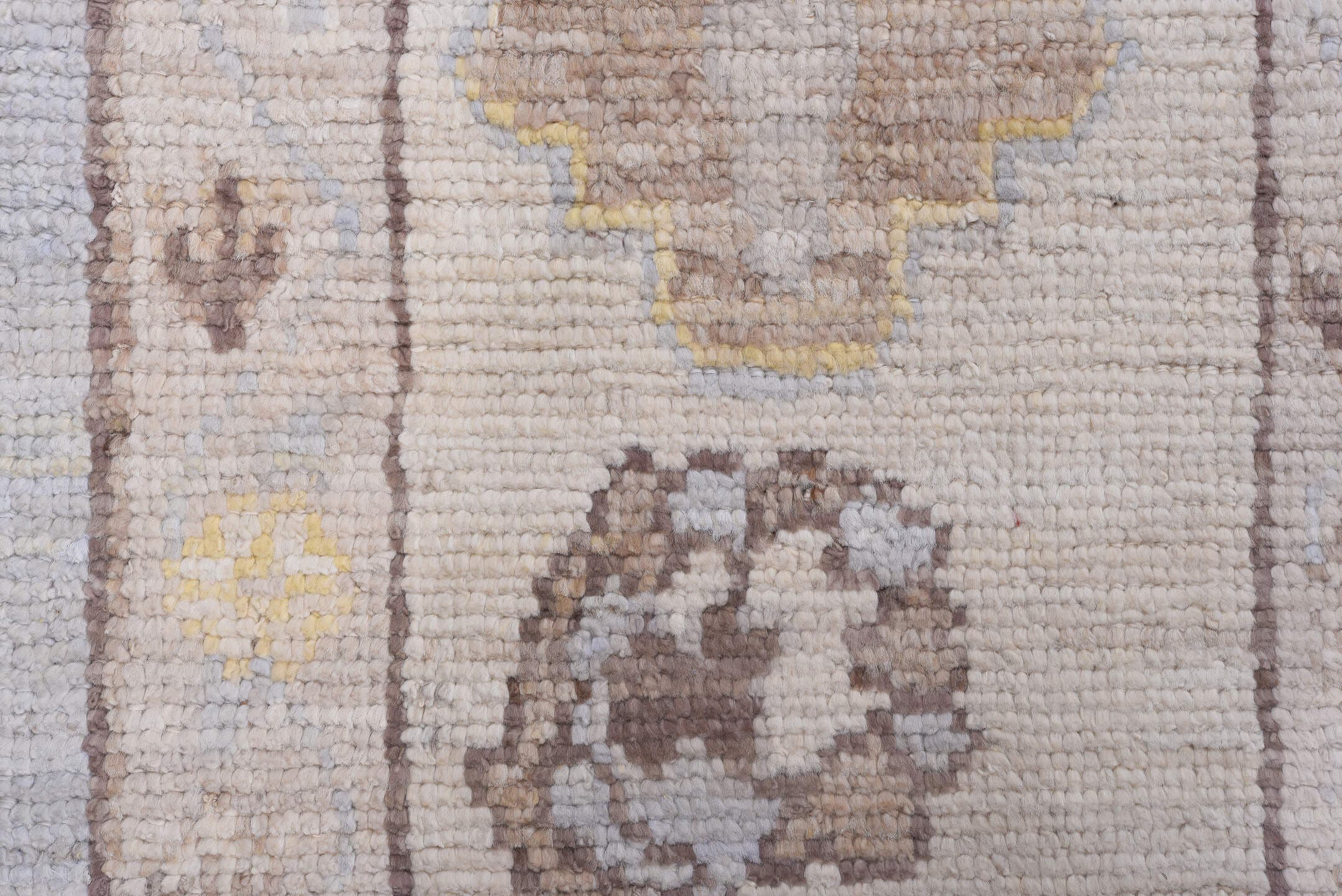 10' x 13' one-of-a-kind handmade vintage Tulu large size rug. Color palette: ivory, light blue, taupe, beige, pale gold