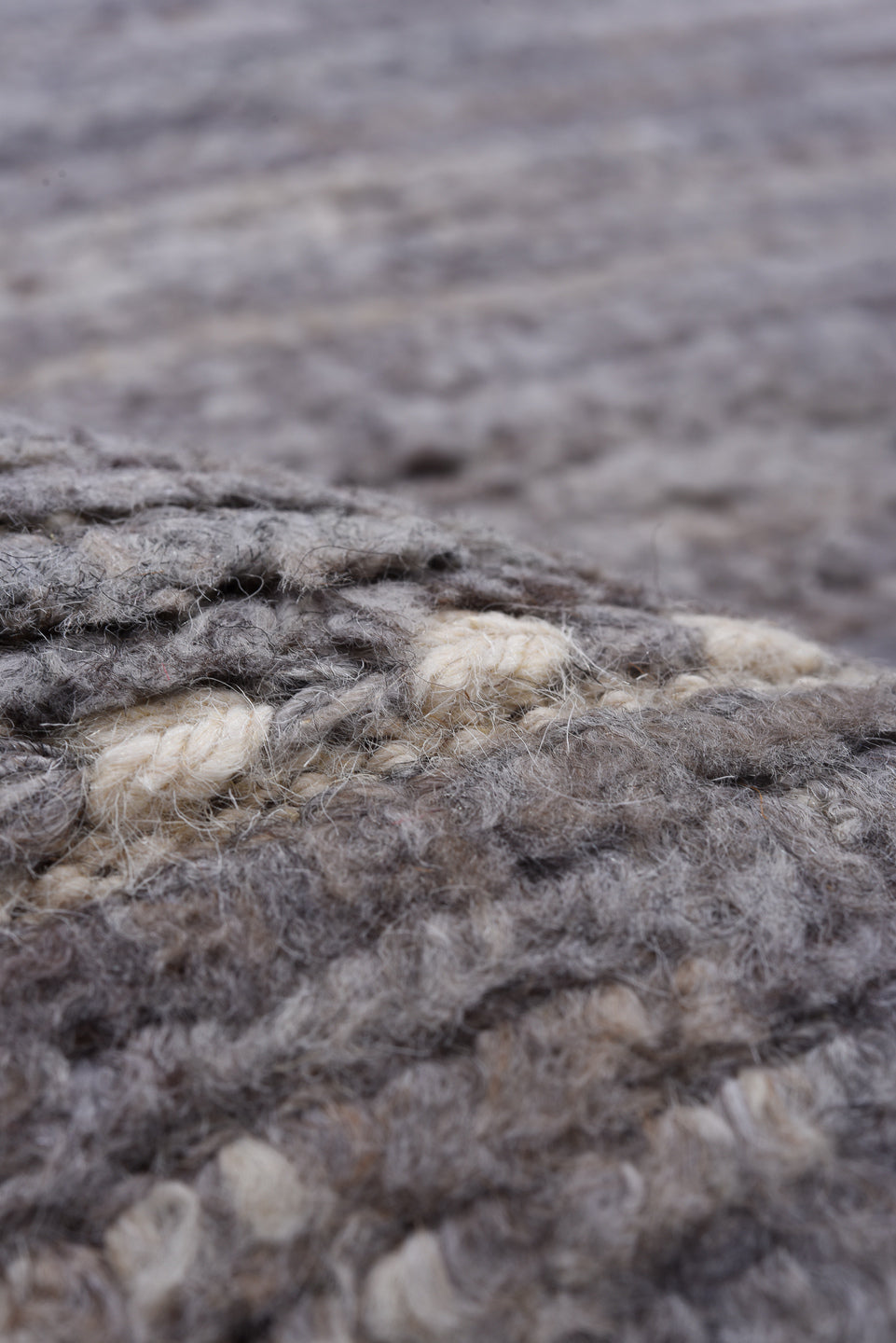 8' x 9' one-of-a-kind handmade vintage Tulu rug. Color palette: gray, ivory, taupe, charcoal, brown, beige, black