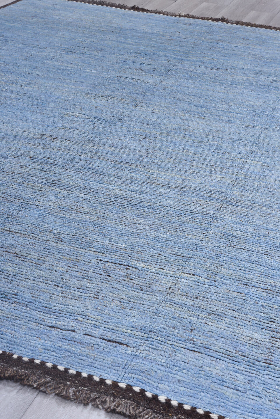 9' x 11' one-of-a-kind handmade vintage Tulu large size rug. Color palette: sky blue, brown, ivory, slate, light blue, gray