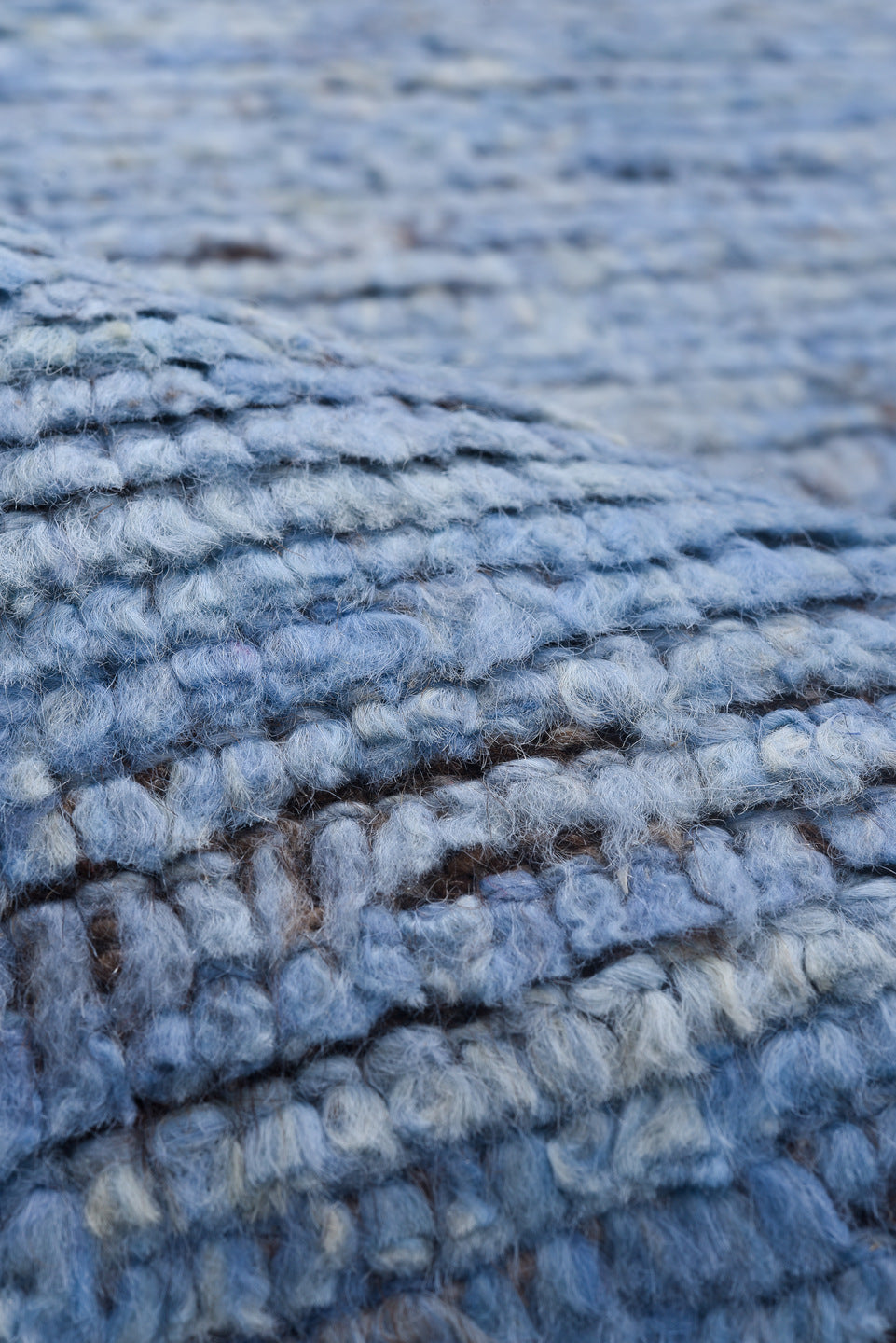 9' x 11' one-of-a-kind handmade vintage Tulu large size rug. Color palette: sky blue, brown, ivory, slate, light blue, gray