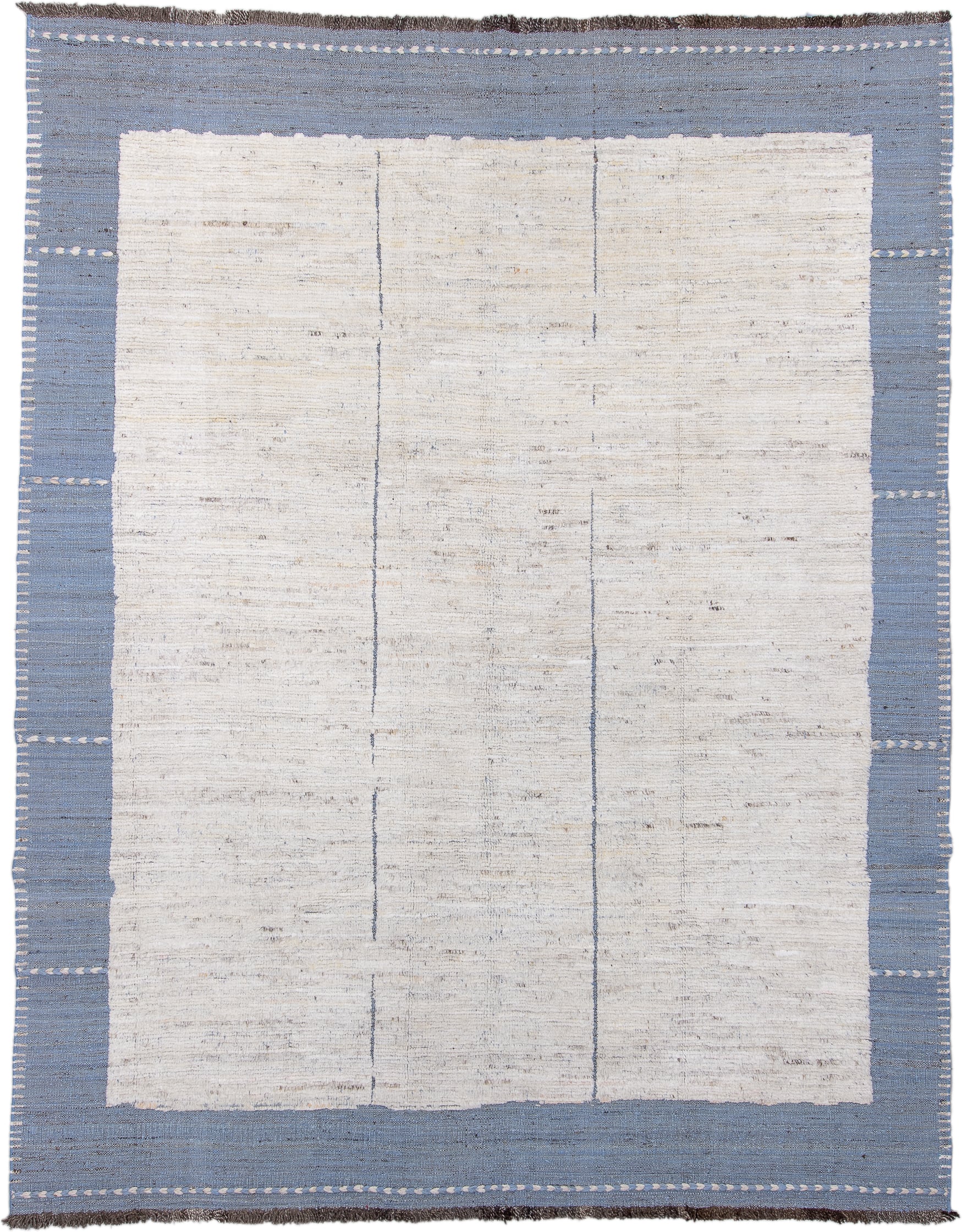 9' x 11' one-of-a-kind handmade vintage Tulu large size rug. Color palette: ivory, blue, slate, taupe, charcoal, gray, beige