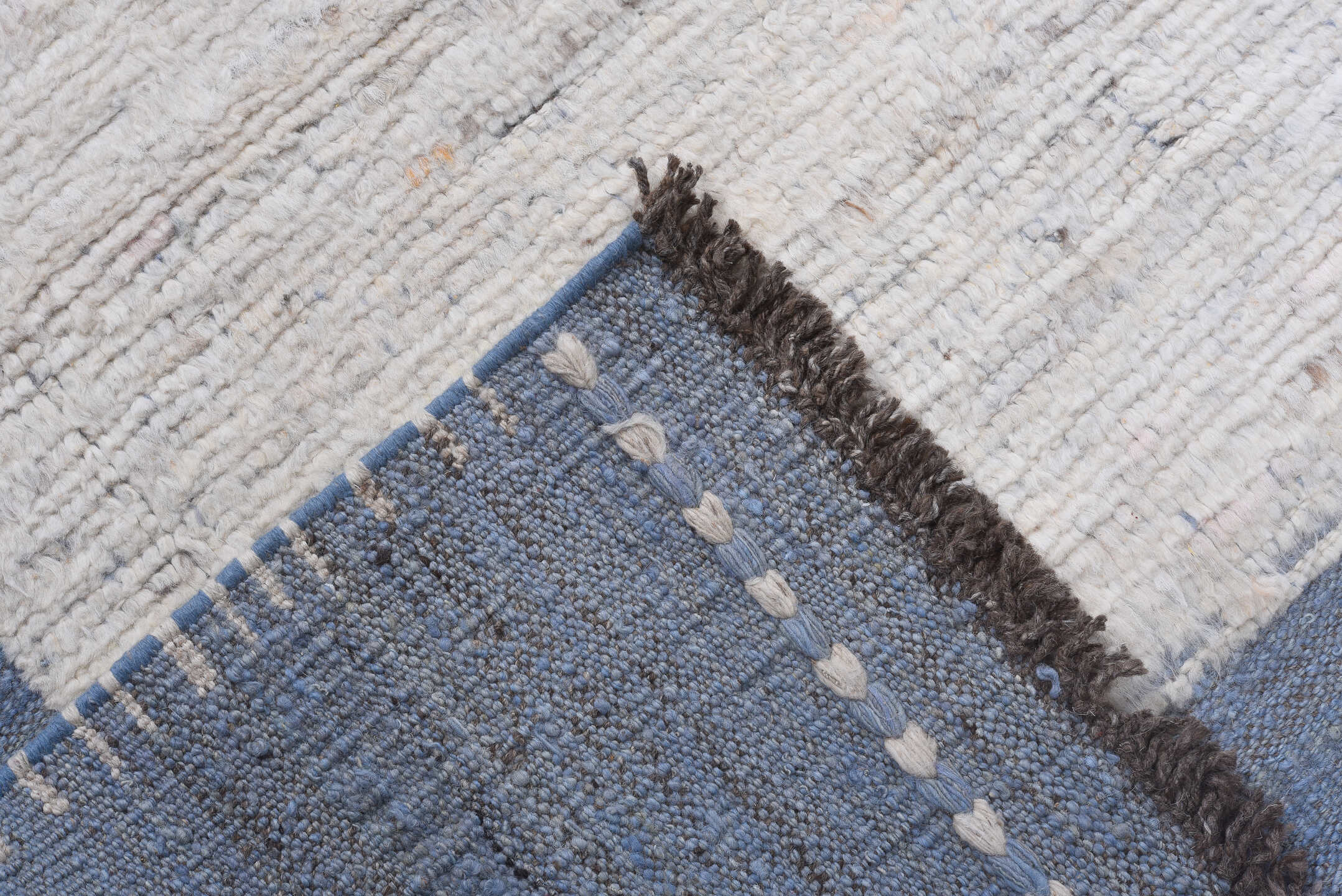 9' x 11' one-of-a-kind handmade vintage Tulu large size rug. Color palette: ivory, blue, slate, taupe, charcoal, gray, beige