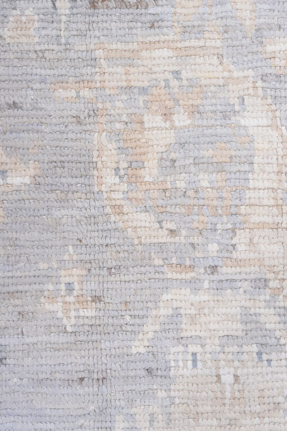 9' x 13' one-of-a-kind handmade vintage Tulu large size rug. Color palette: ivory, pale blue, lavender, cream, taupe