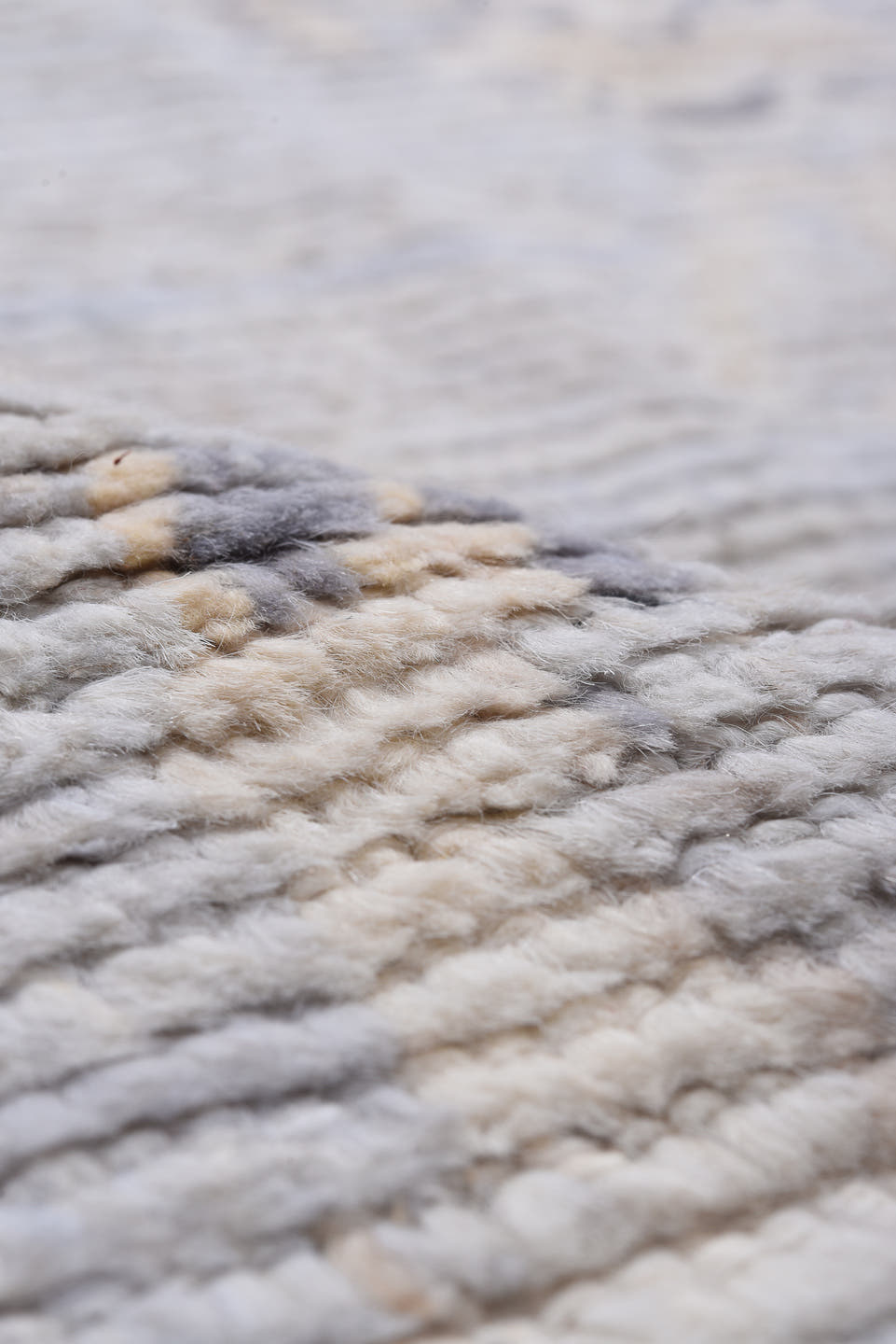 9' x 13' one-of-a-kind handmade vintage Tulu large size rug. Color palette: ivory, pale blue, lavender, cream, taupe