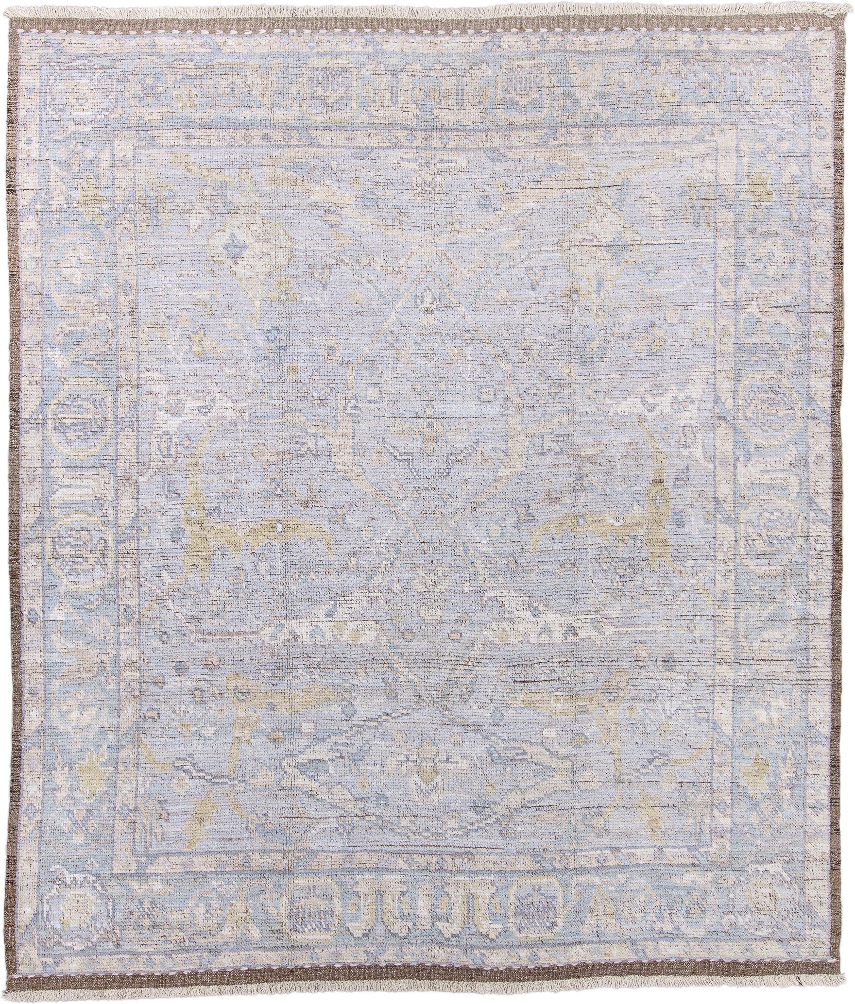 8' x 10' one-of-a-kind handmade vintage Tulu large size rug. Color palette: pale blue, ivory, taupe, muted gold, beige