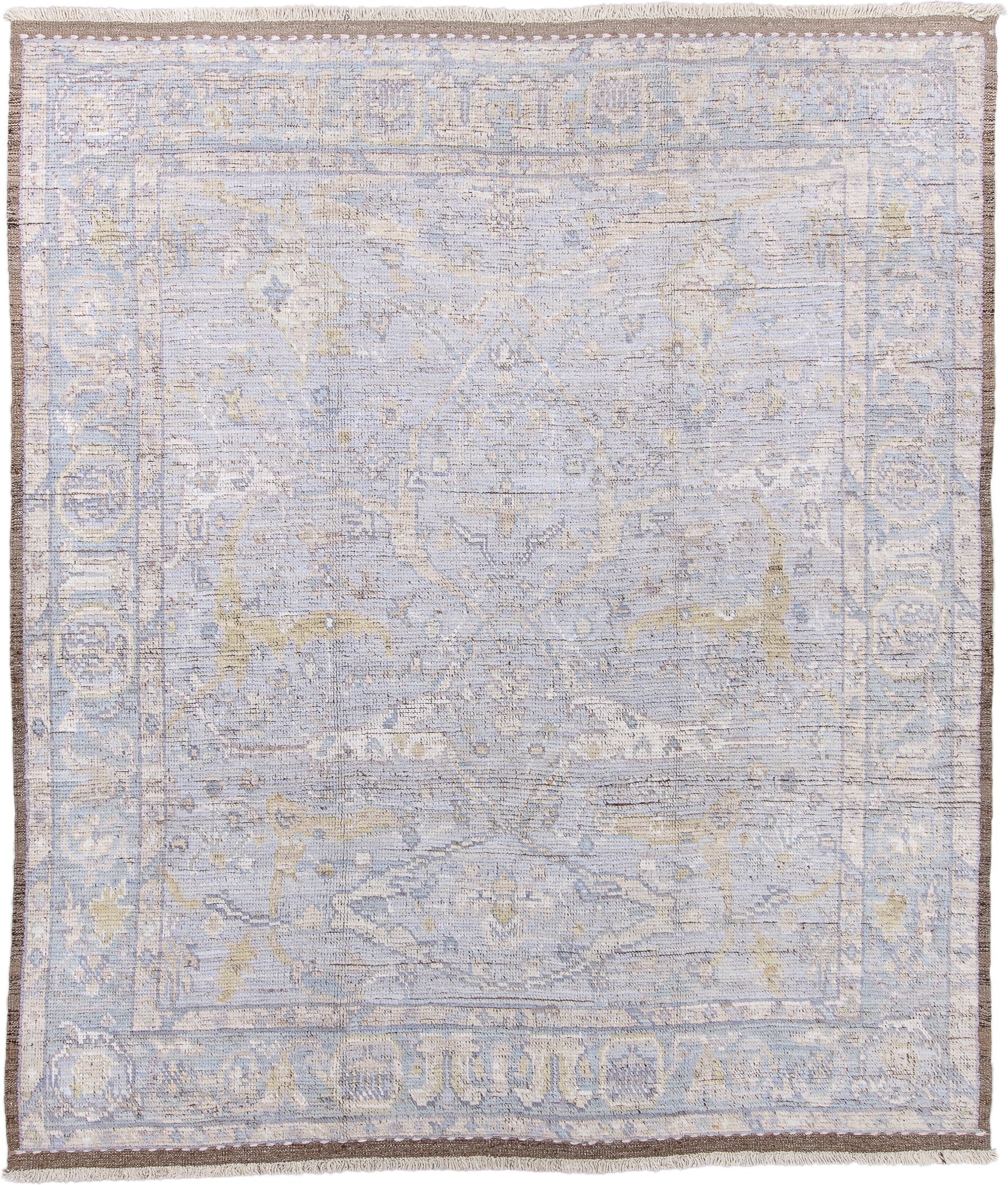 8' x 10' one-of-a-kind handmade vintage Tulu large size rug. Color palette: pale blue, ivory, taupe, muted gold, beige