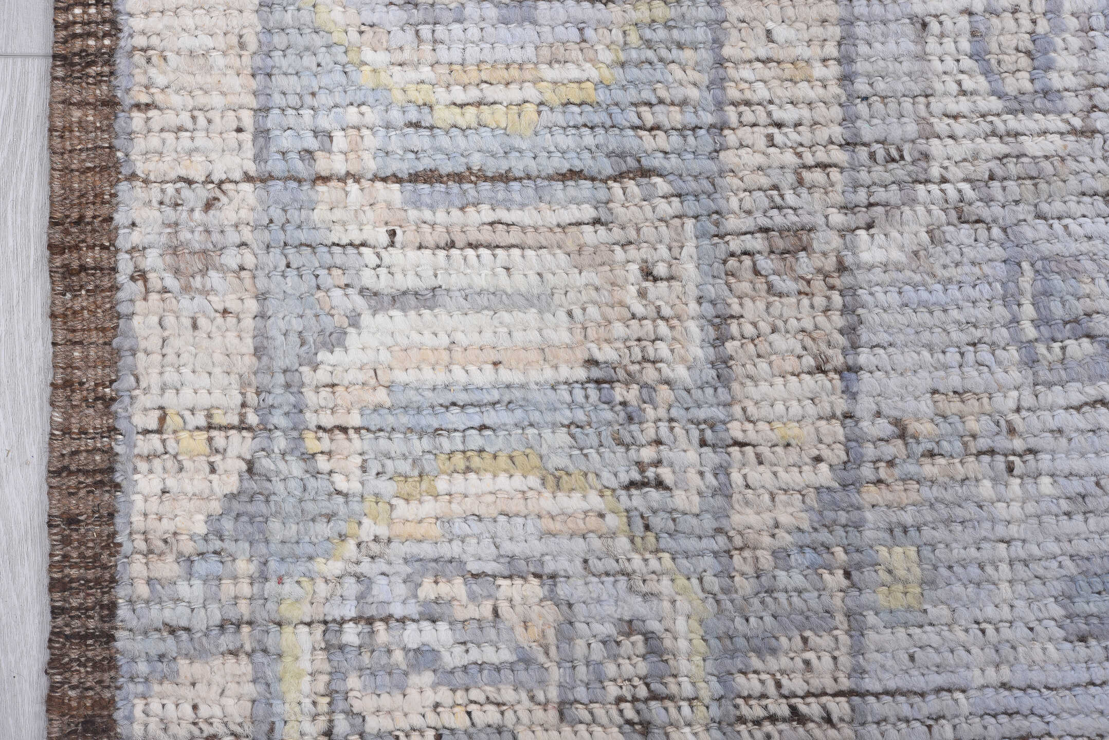 8' x 10' one-of-a-kind handmade vintage Tulu large size rug. Color palette: pale blue, ivory, taupe, muted gold, beige