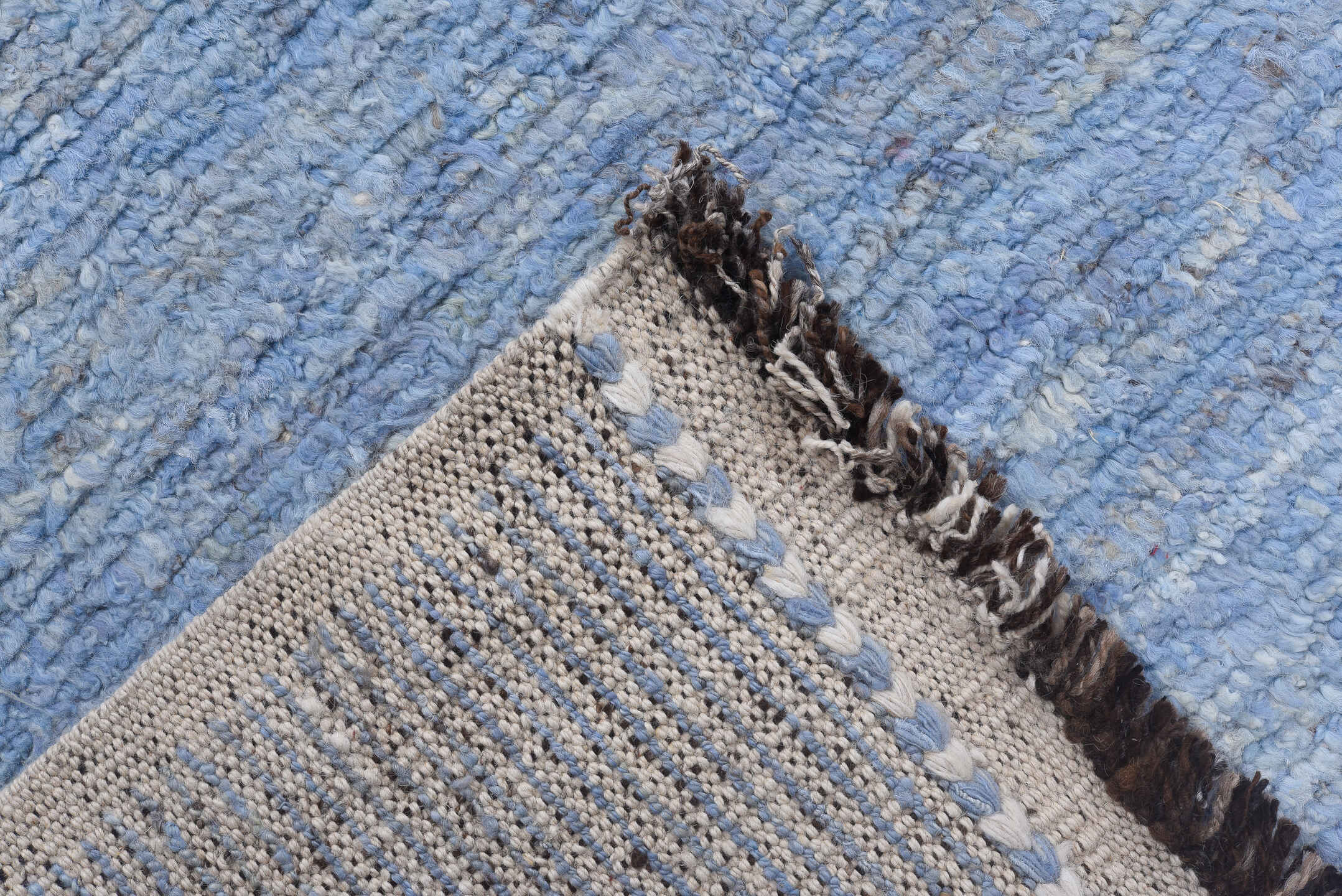 10' x 12' one-of-a-kind handmade vintage Tulu large size rug. Color palette: blue, fiord, gray, light blue, light gray