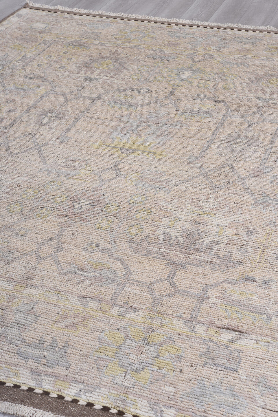 8' x 9' one-of-a-kind handmade vintage Tulu rug. Color palette: ivory, taupe, blush, sage, soft_gold, gray, beige, pink
