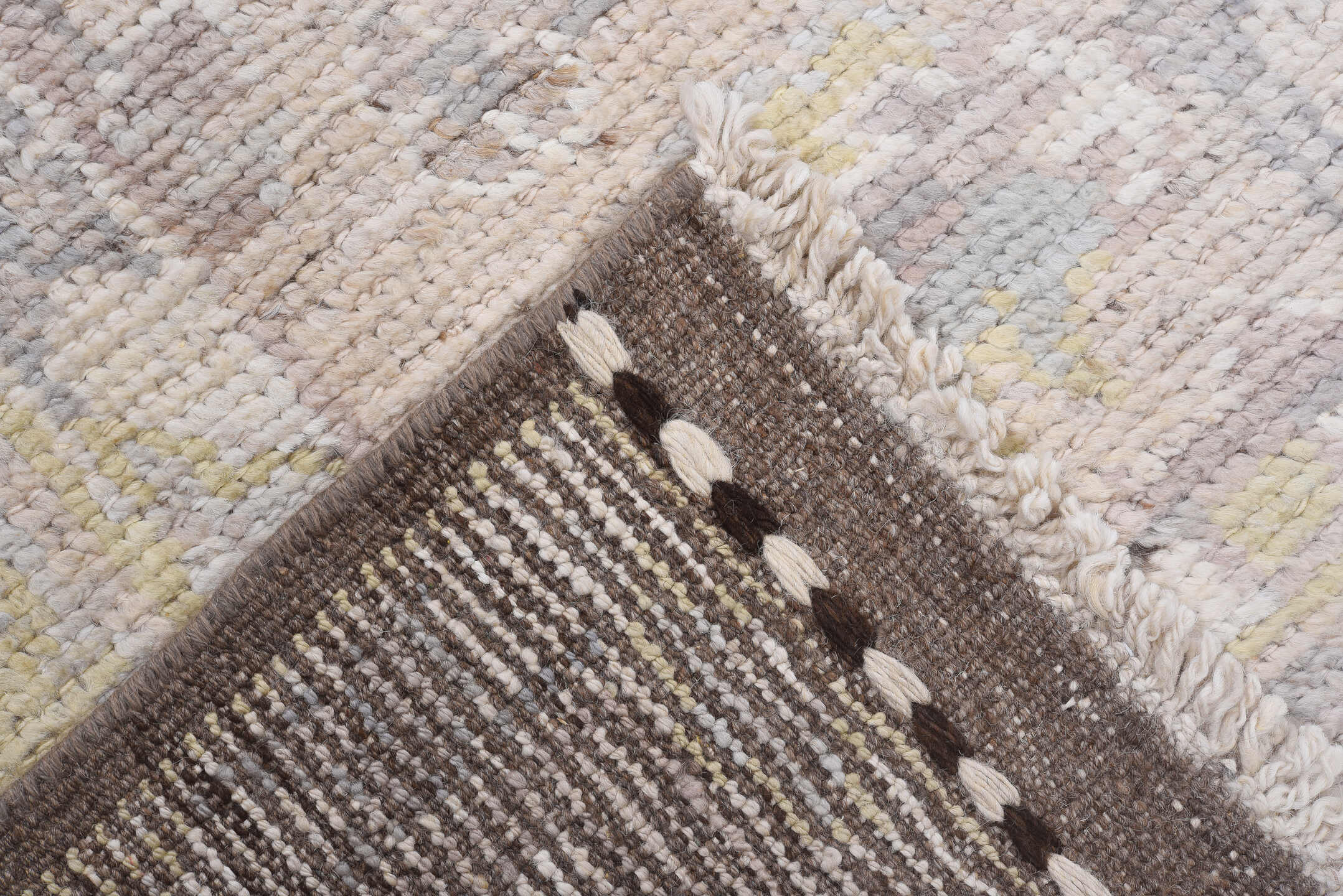 8' x 9' one-of-a-kind handmade vintage Tulu rug. Color palette: ivory, taupe, blush, sage, soft_gold, gray, beige, pink
