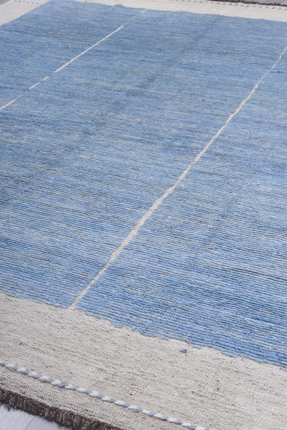 10' x 13' one-of-a-kind handmade vintage Tulu large size rug. Color palette: sky blue, ivory, taupe, brown, light blue