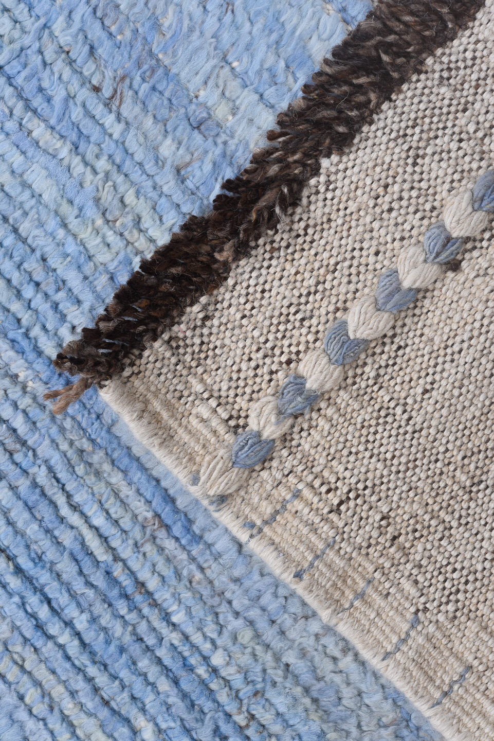 10' x 13' one-of-a-kind handmade vintage Tulu large size rug. Color palette: sky blue, ivory, taupe, brown, light blue