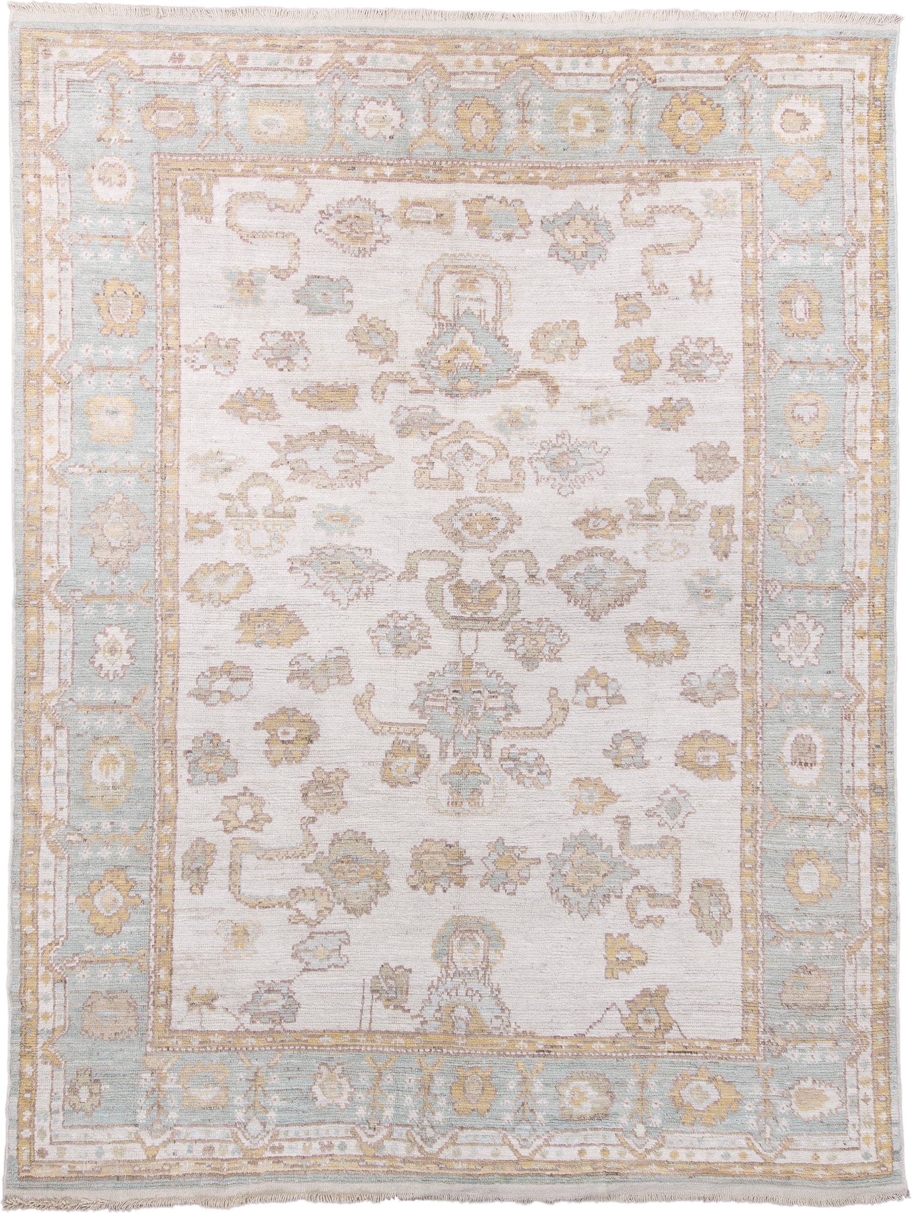 10' x 13' one-of-a-kind handmade vintage Tulu large size rug. Color palette: ivory, powder_blue, taupe, gold, cream