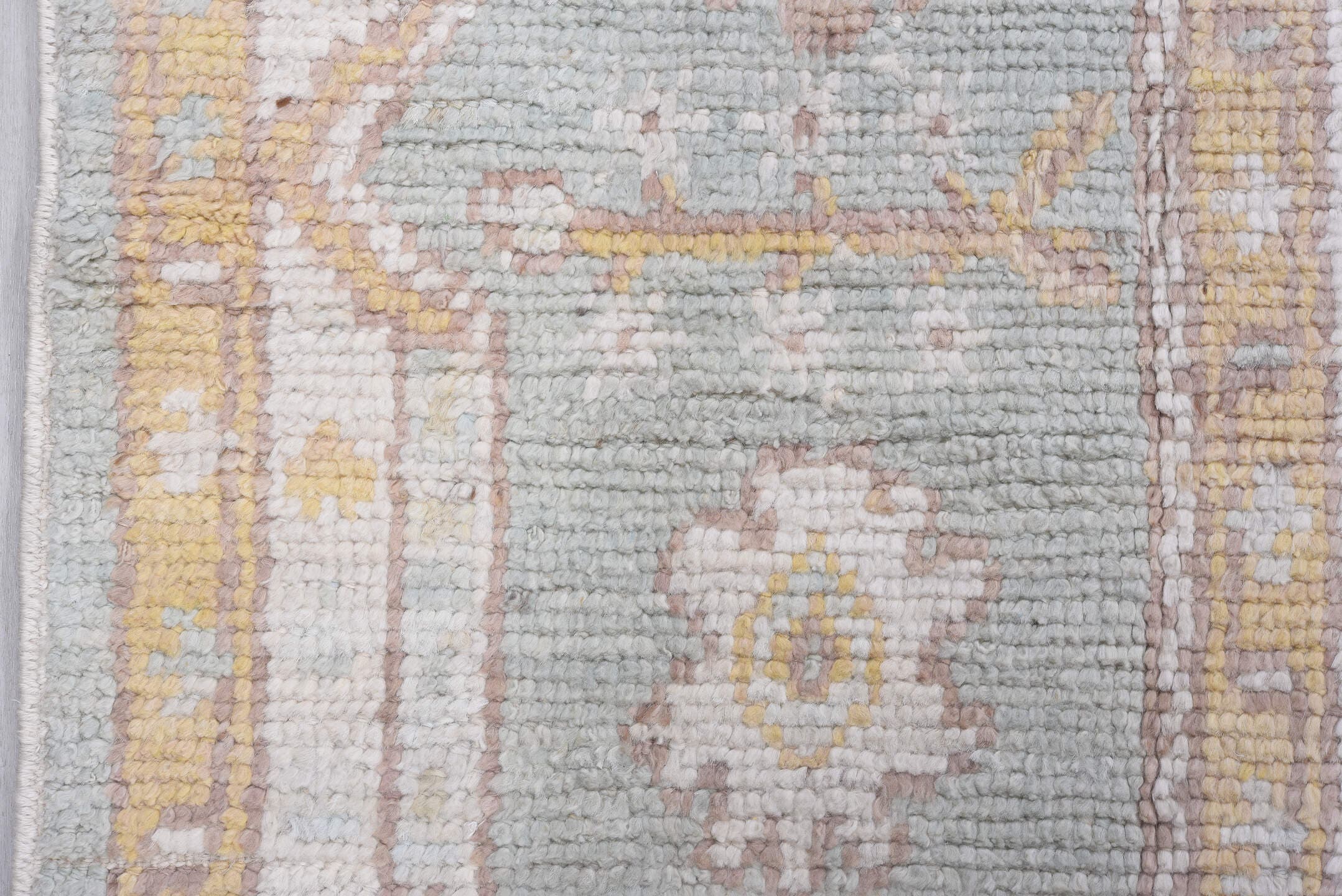 10' x 13' one-of-a-kind handmade vintage Tulu large size rug. Color palette: ivory, powder_blue, taupe, gold, cream
