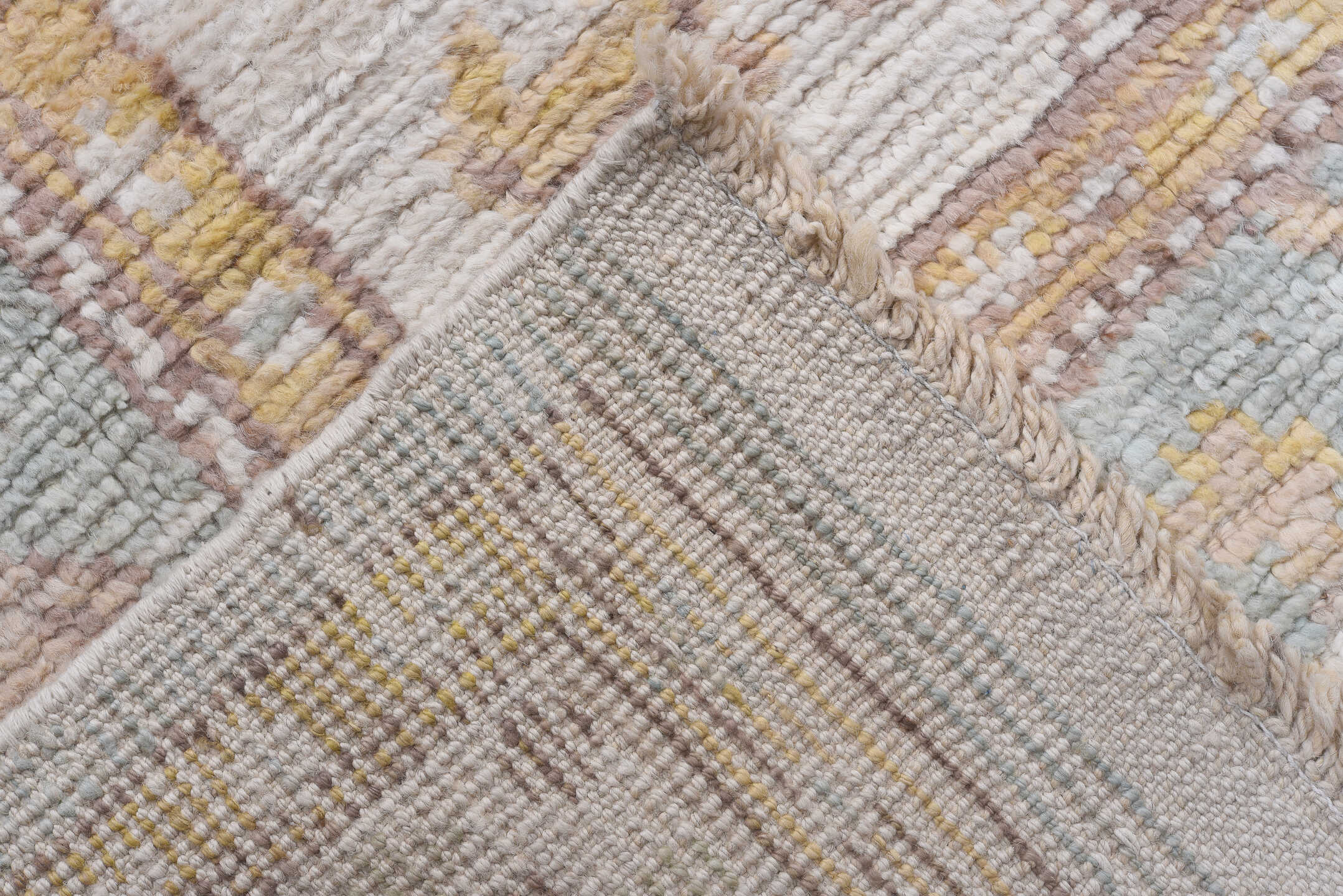 10' x 13' one-of-a-kind handmade vintage Tulu large size rug. Color palette: ivory, powder_blue, taupe, gold, cream