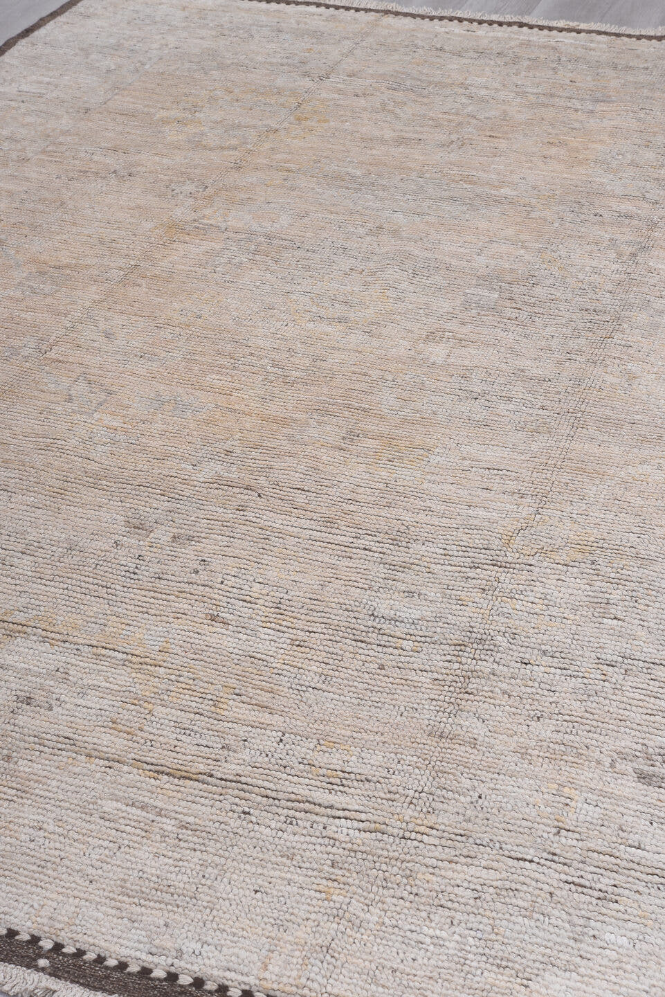 8' x 10' one-of-a-kind handmade vintage Tulu large size rug. Color palette: ivory, taupe, brown, camel, gray, beige