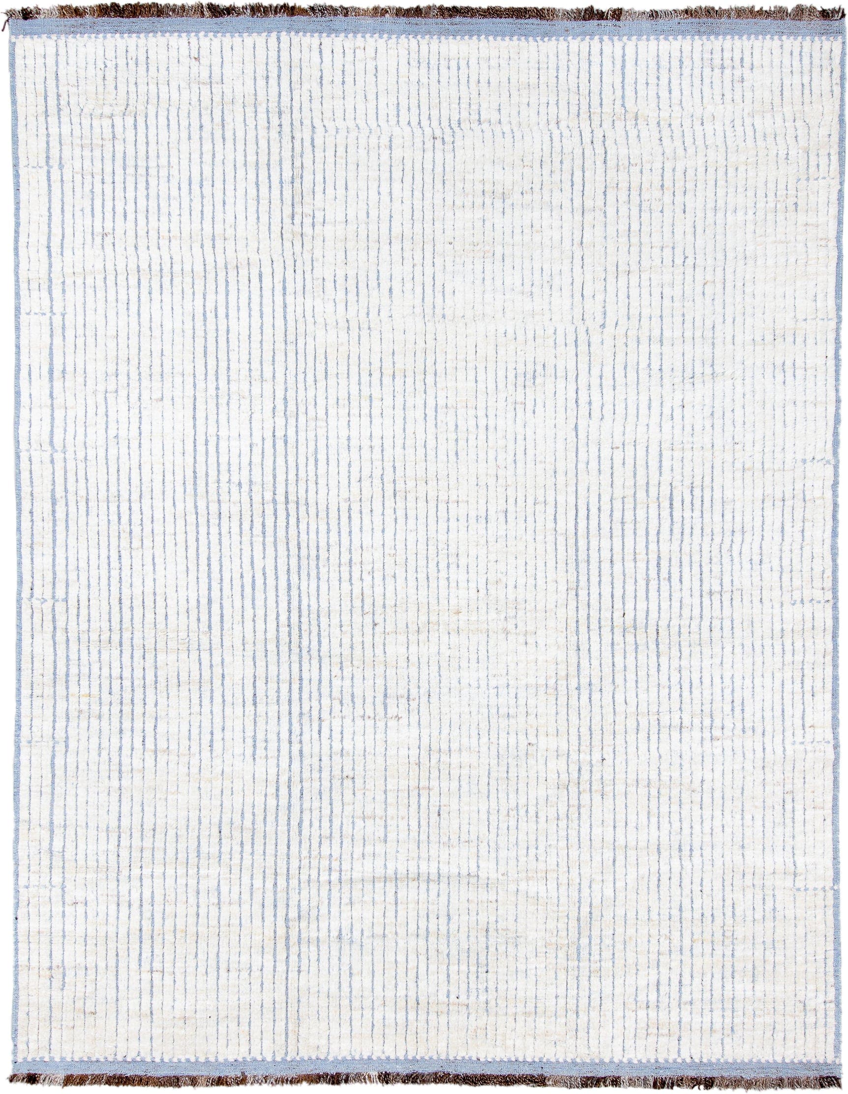 9' x 12' one-of-a-kind handmade vintage Tulu large size rug. Color palette: ivory, pale blue, brown, light blue