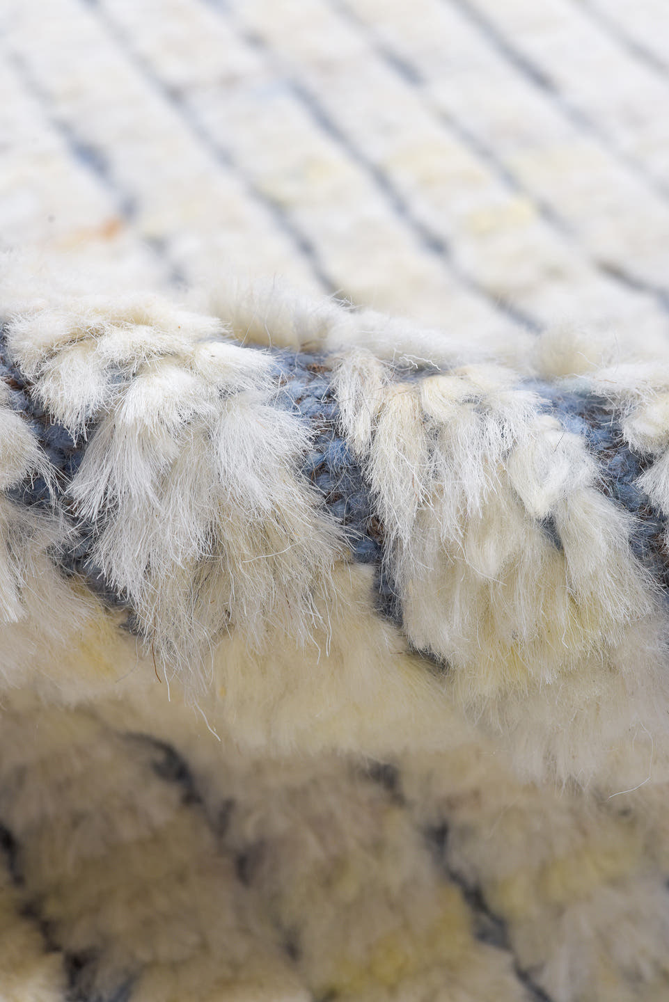 9' x 12' one-of-a-kind handmade vintage Tulu large size rug. Color palette: ivory, pale blue, brown, light blue