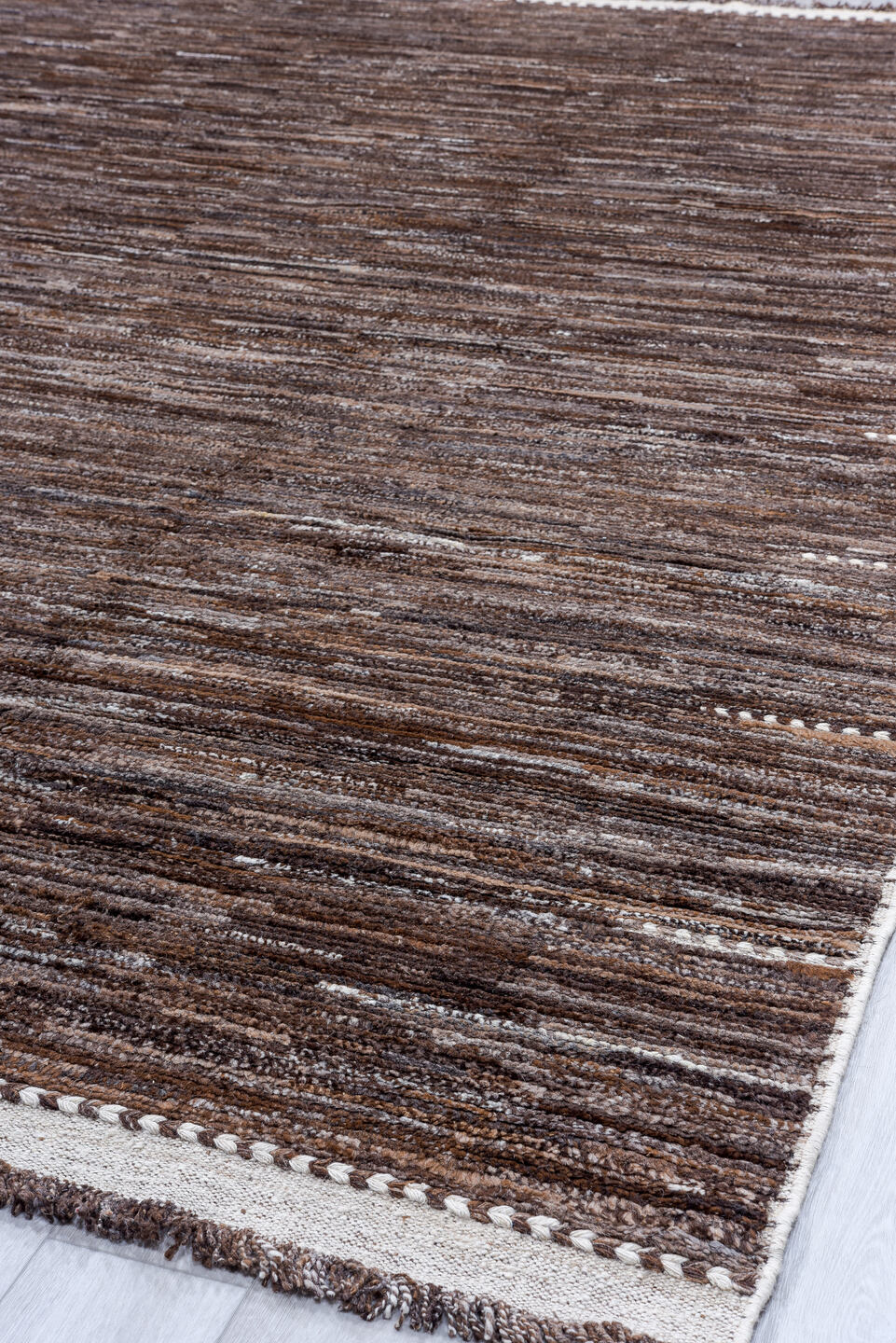 10' x 14' one-of-a-kind handmade vintage Tulu oversize rug. Color palette: brown, taupe, ivory, charcoal, camel, beige, gray