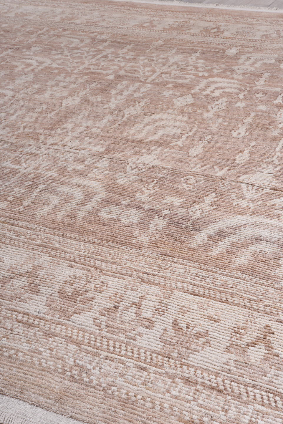 13' x 14' one-of-a-kind handmade vintage Tulu oversize rug. Color palette: blush, beige, ivory, taupe, sand, pink, gray