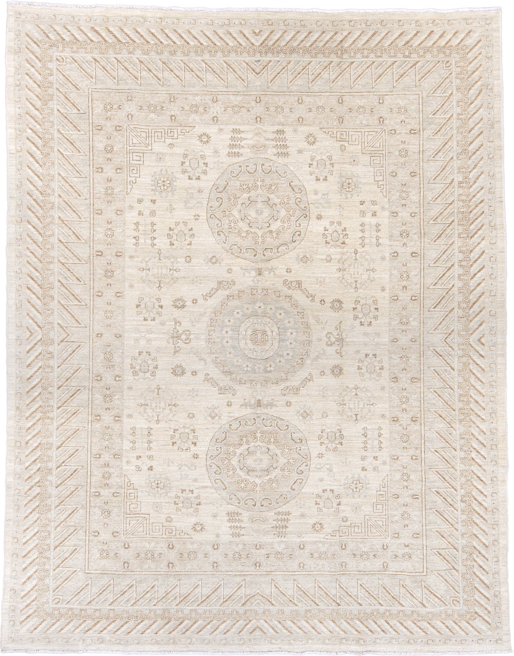 8' x 11' one-of-a-kind handmade vintage Khotan large size rug. Color palette: ivory, cream, beige, taupe, camel, pale gold