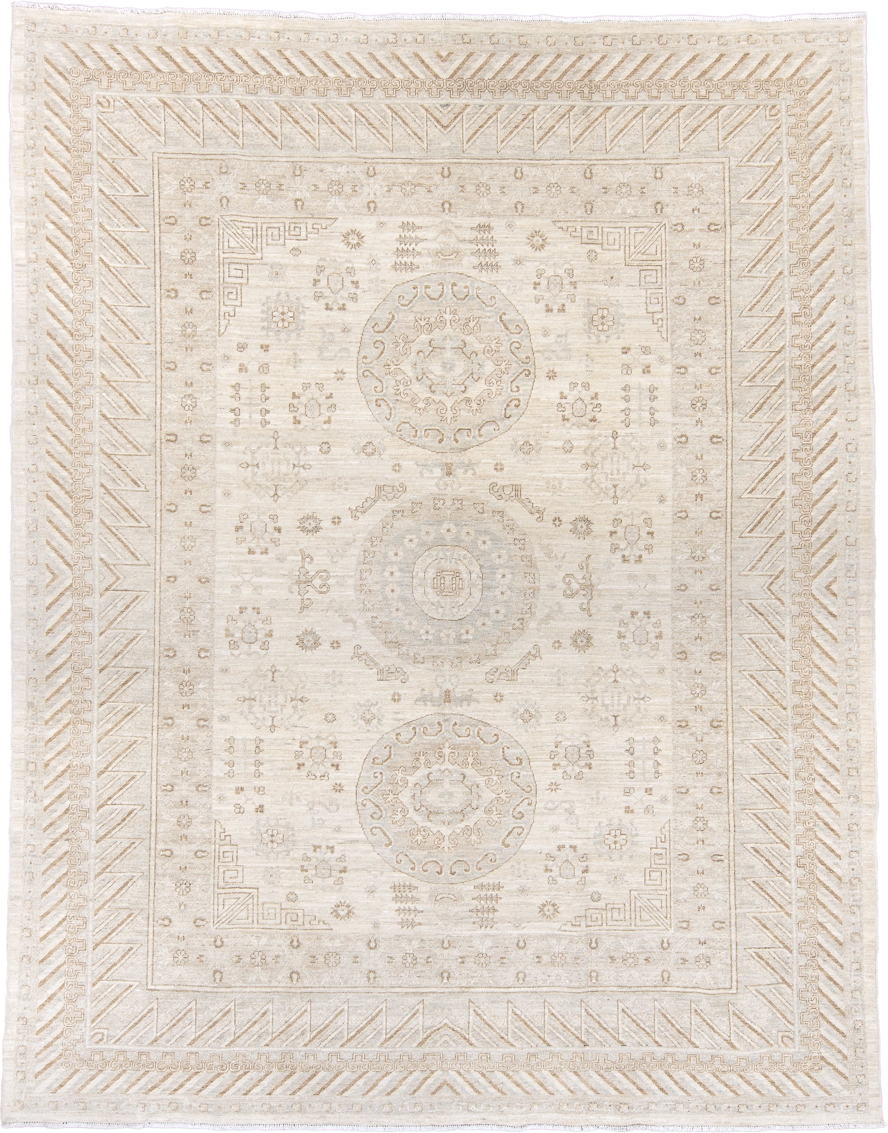 8' x 11' one-of-a-kind handmade vintage Khotan large size rug. Color palette: ivory, cream, beige, taupe, camel, pale gold