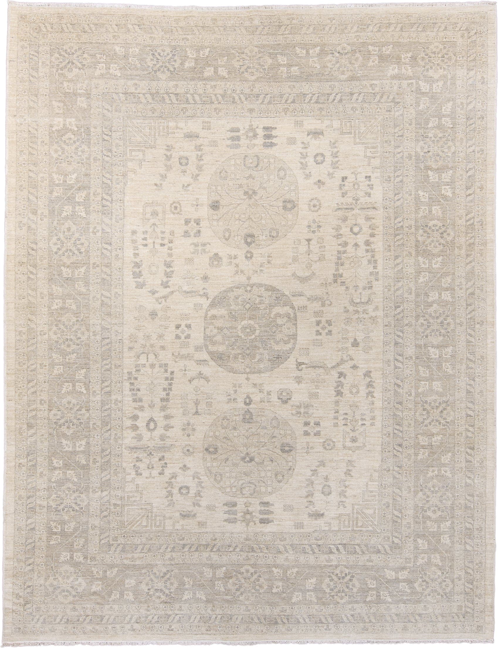 9' x 12' one-of-a-kind handmade vintage Khotan large size rug. Color palette: ivory, beige, taupe, sand, greige, gray
