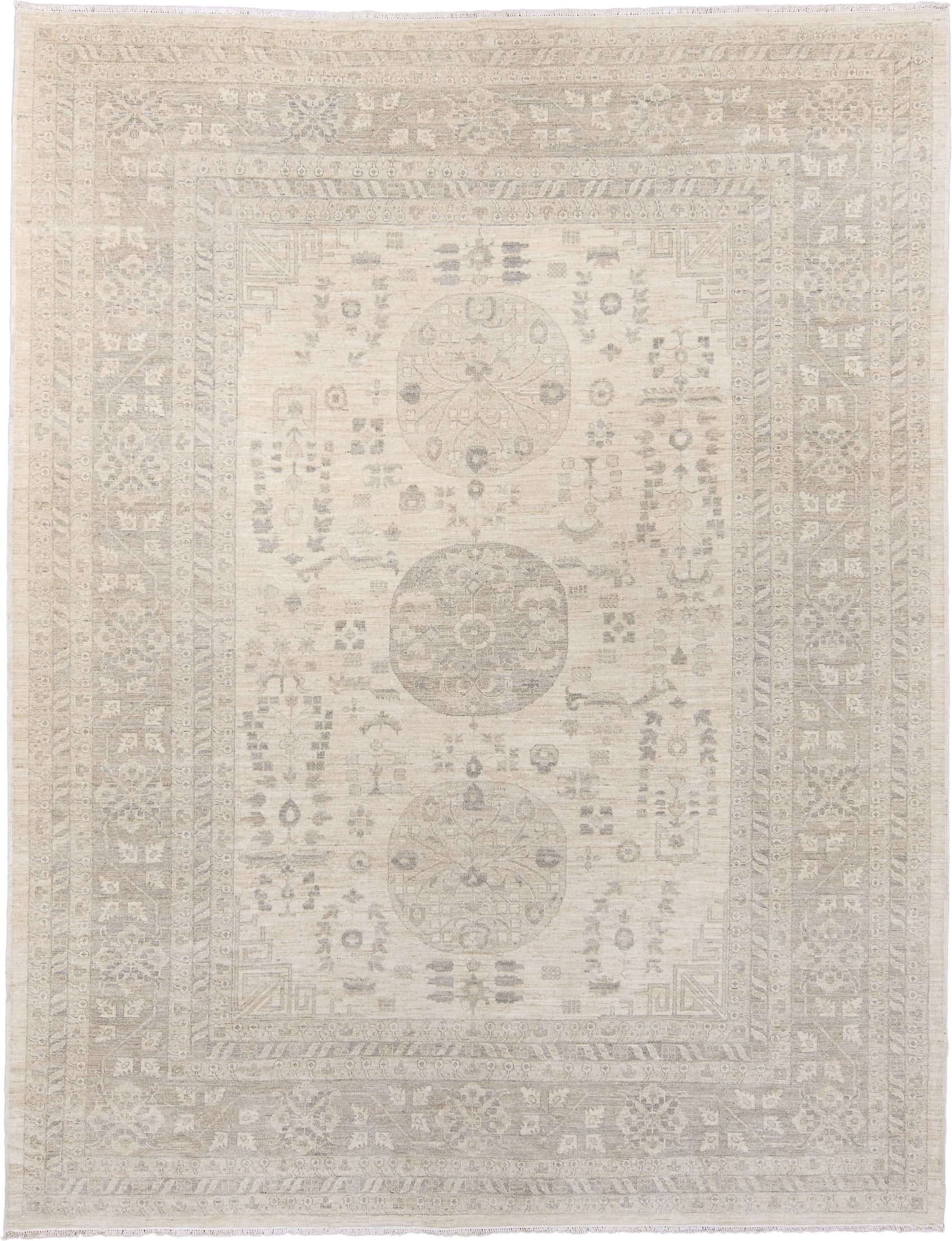 9' x 12' one-of-a-kind handmade vintage Khotan large size rug. Color palette: ivory, beige, taupe, sand, greige, gray