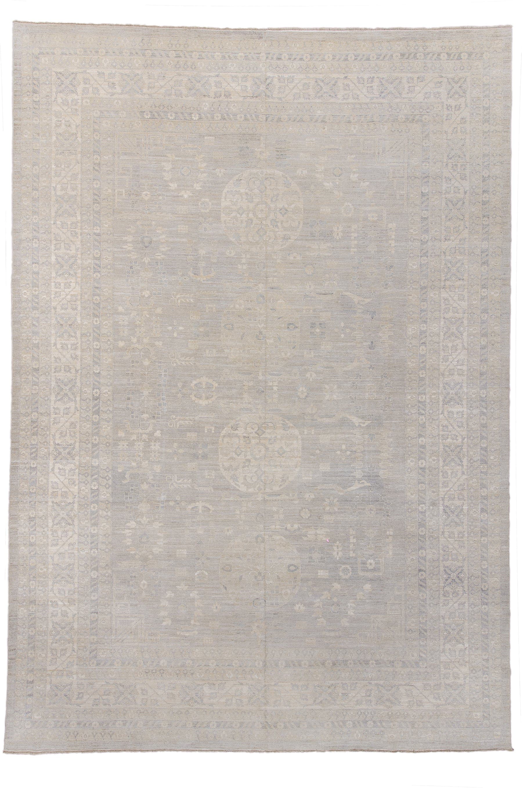 13' x 19' one-of-a-kind handmade vintage Khotan oversize rug. Color palette: ivory, taupe, beige, pale gray, sand, gray