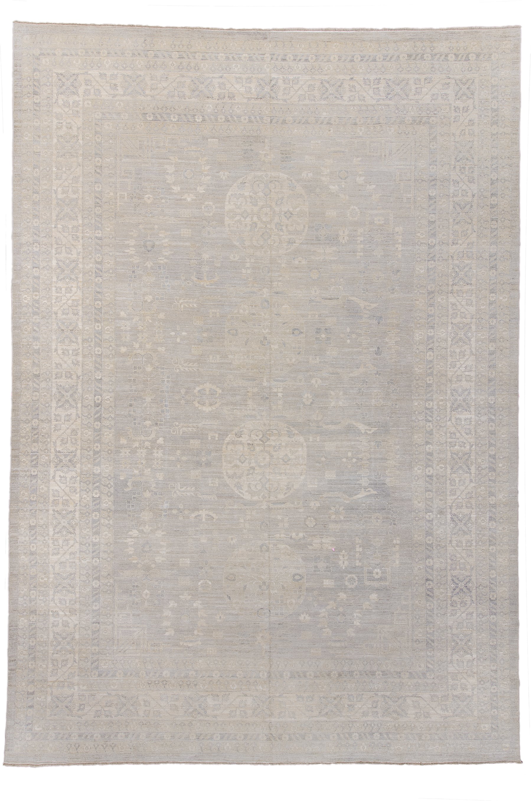 13' x 19' one-of-a-kind handmade vintage Khotan oversize rug. Color palette: ivory, taupe, beige, pale gray, sand, gray